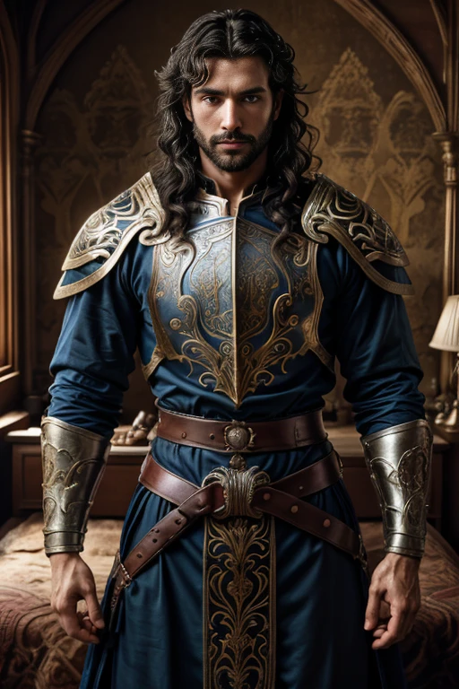 Araffed man, a man with a well-groomed beard, square face, thin nose, and fleshy mouth, 
bright blue eyes, biting her lip sensually, long black curly hair, 
Handsome and sexy man, 20 years old, half body photo, various positions, open red shirt, 
wide and strong breastplate, in the background bedroom of a medieval castle, wallpaper 4k, 32k Ultra, Ultra Hd, cinematic lighting,
Movie Poster,Top Quality、超High Resolution A、8k High Definition、Photogenic Clarity、