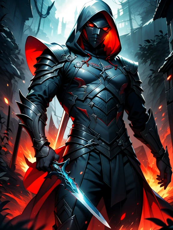 Sauron, hitman:
He was an assassin，Wearing a gray hooded jacket and light armor. epic sword pose. tmasterpiece. 《Ring of Fire》Game art style.in dark woods，Blue flames float on the body，black masked，Scar，