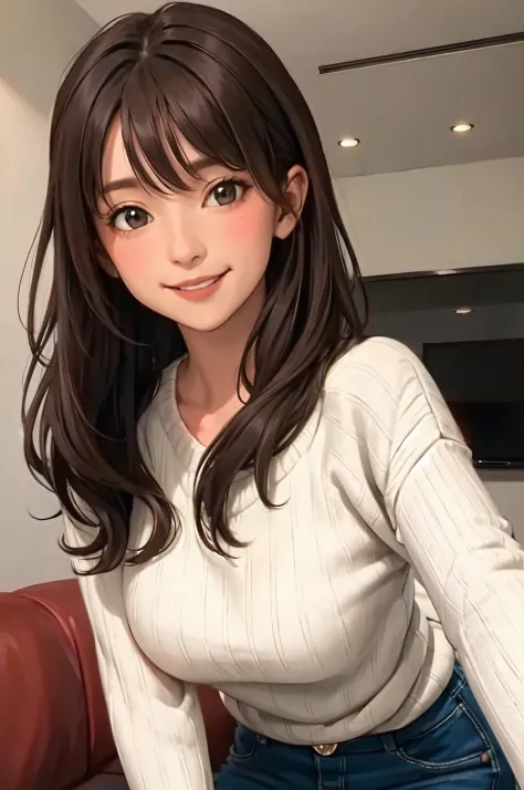 1lady standing, /(oversized sweater/) v-neck, mature female, /(brown hair/) bangs, blush kind smile, (masterpiece best quality:1...