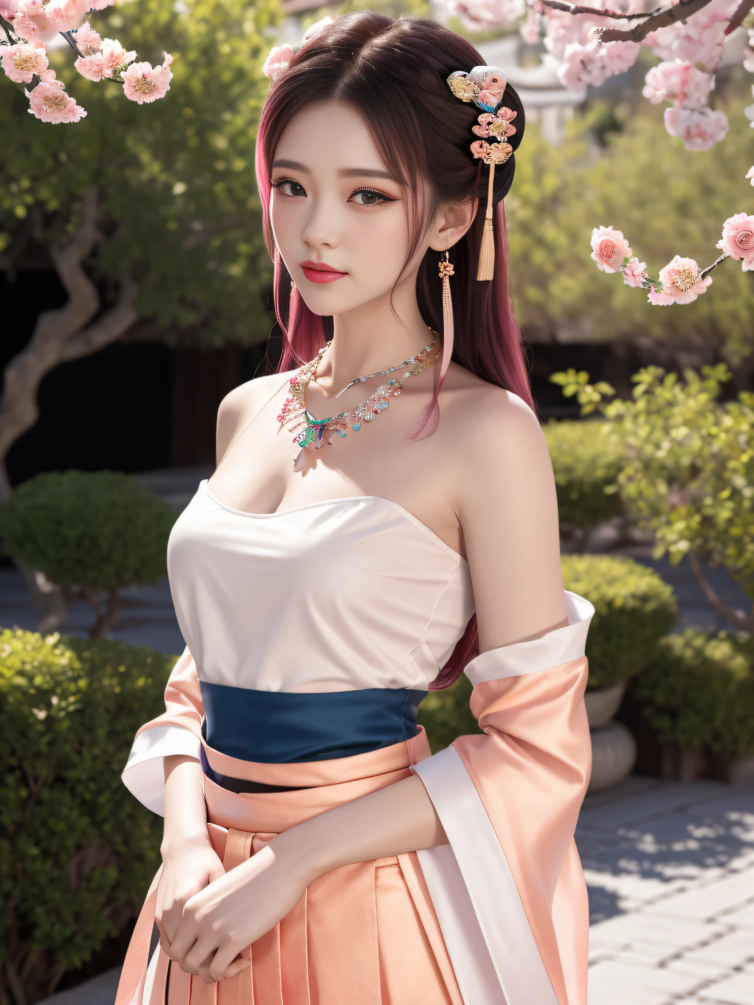 Best Quality, Masterpiece, High Resolution, 4K, 8K, Very Realistic, Real, Photography, Photo, 1girl, Solo, Mature and Beautiful Girl, Random Action, Facing the Audience, Exuding Charm, (Detailed Hanfu, Gorgeous Hanfu, Long Skirt, Streamers), Bandeau, cleavage, leaky shoulders, (very detailed skin), Beautiful Peugeot face, (big eyes, high detail eyes), blush, star pupils, high-detail eyelashes, pink hair, (beautiful hair accessories), necklaces, jewelry, outdoor, courtyard, Full of peach blossoms, rich background, light sense, 8K UHD, DSLR, soft light, high quality