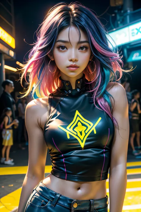 mulher arafed (Asian African American))with long rainbow hair and a neon cyberpunk tank top, retrato, Ela tem um rosto bonito, I...