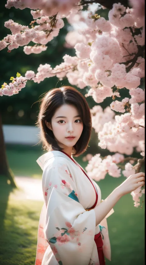 1 Realistic Pictures of Cute Korean Stars, Medium Hair, hair flying, White skin, Thin makeup, 32 inch breast size, Wearing kimono, Under the cherry tree, Upper body portrait, abstract expressionism, Backlighting, nffsw
