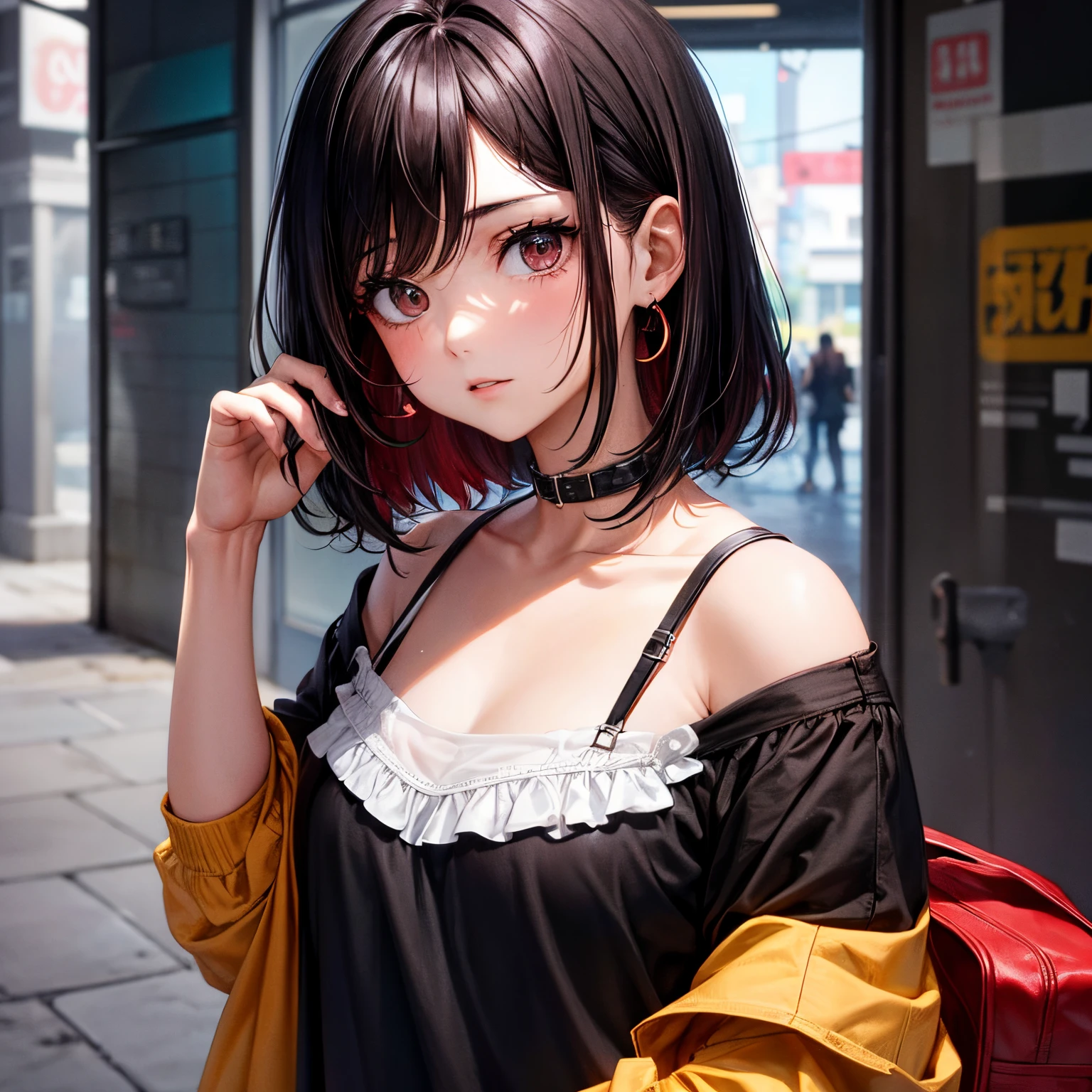 Anime girl with black hair and a yellow jacket on a city street - SeaArt AI