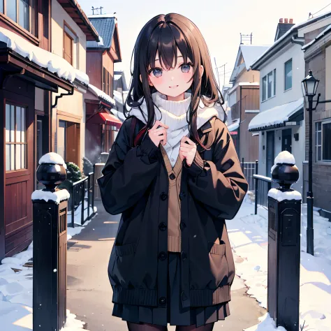 girl with、1 persons、18year old、Dark hair、Black eyes、length hair、A smile、huge smile、Smaller chest、Schools、校服、Cardigan、Snow、Winter...