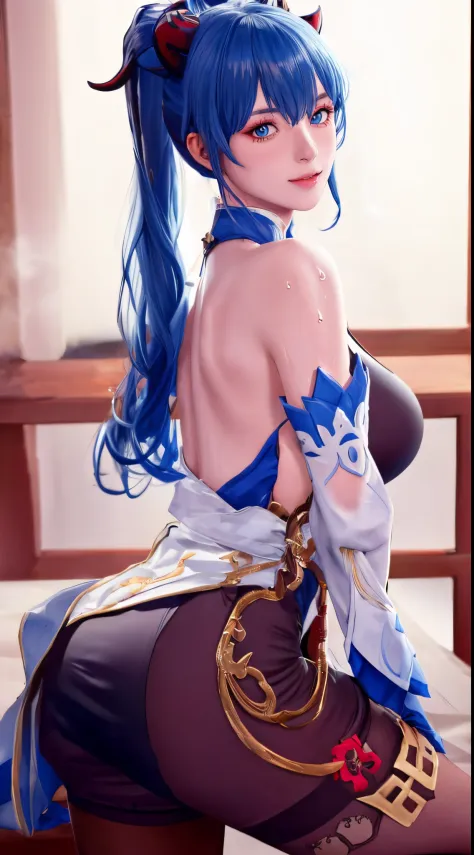 Ganyu girl，Blue hair,（（（blue long hair，Long hair tied into a ponytail on the back of the head，Natural sagging。Dull hair on top o...