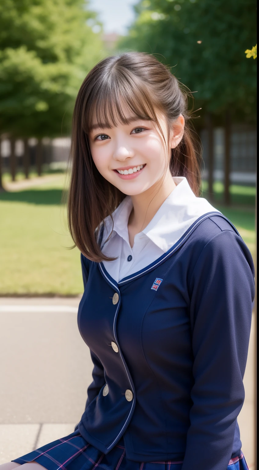 Arafed Asian Woman In A Blue School Uniform Sitting On A Bench - Seaart Ai