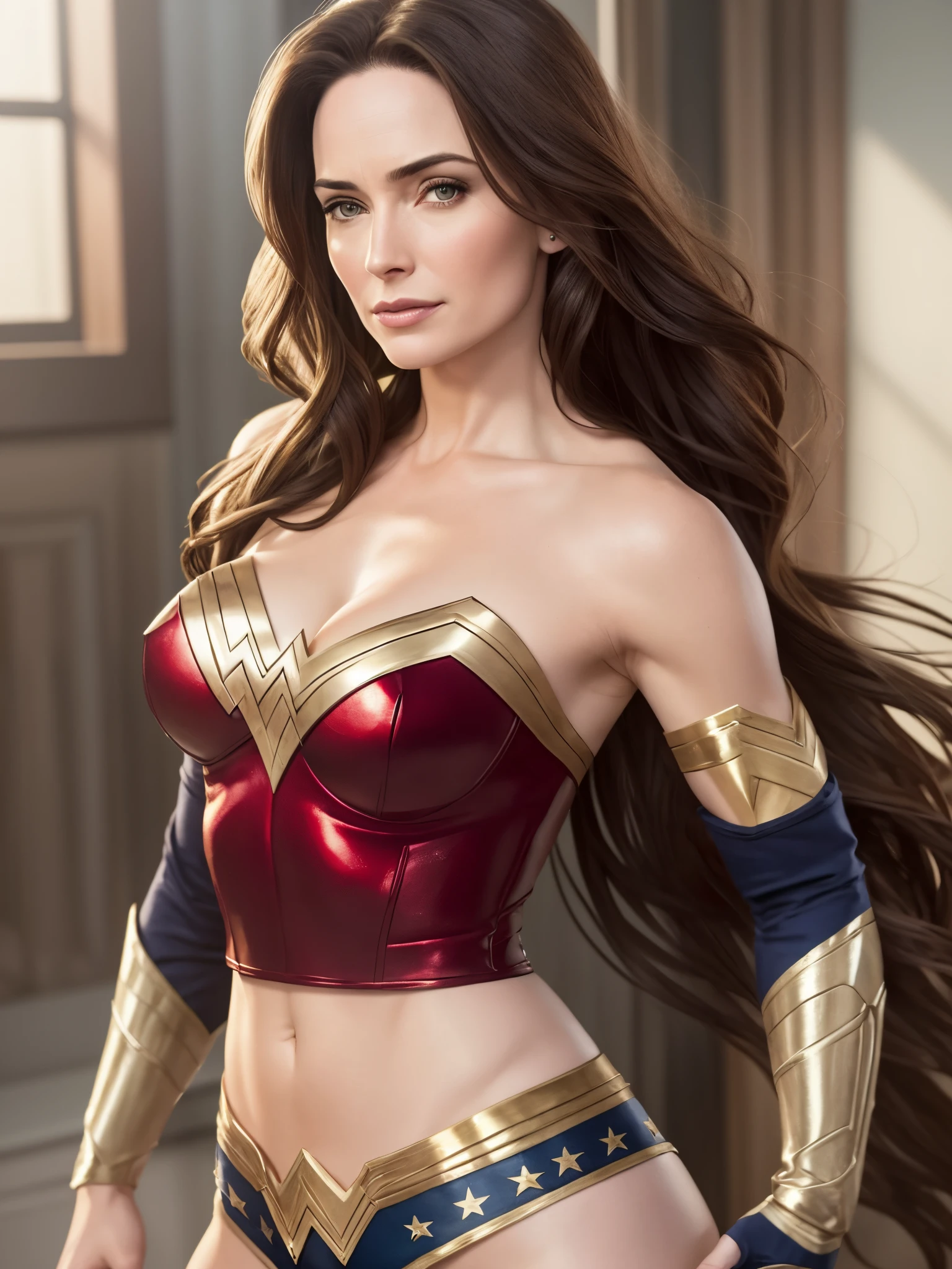 Wonder woman in a red and blue costume posing for a photo - SeaArt AI