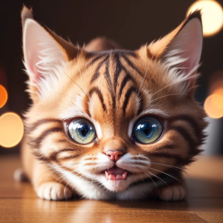 (best quality,ultra-detailed),highres, brown cat,small kitten,long whiskers,beautiful round eyes,soft fur,cute expressions,mouth open,mini fangs,adorable meowing, cat collar, spotlight on cat,bokeh