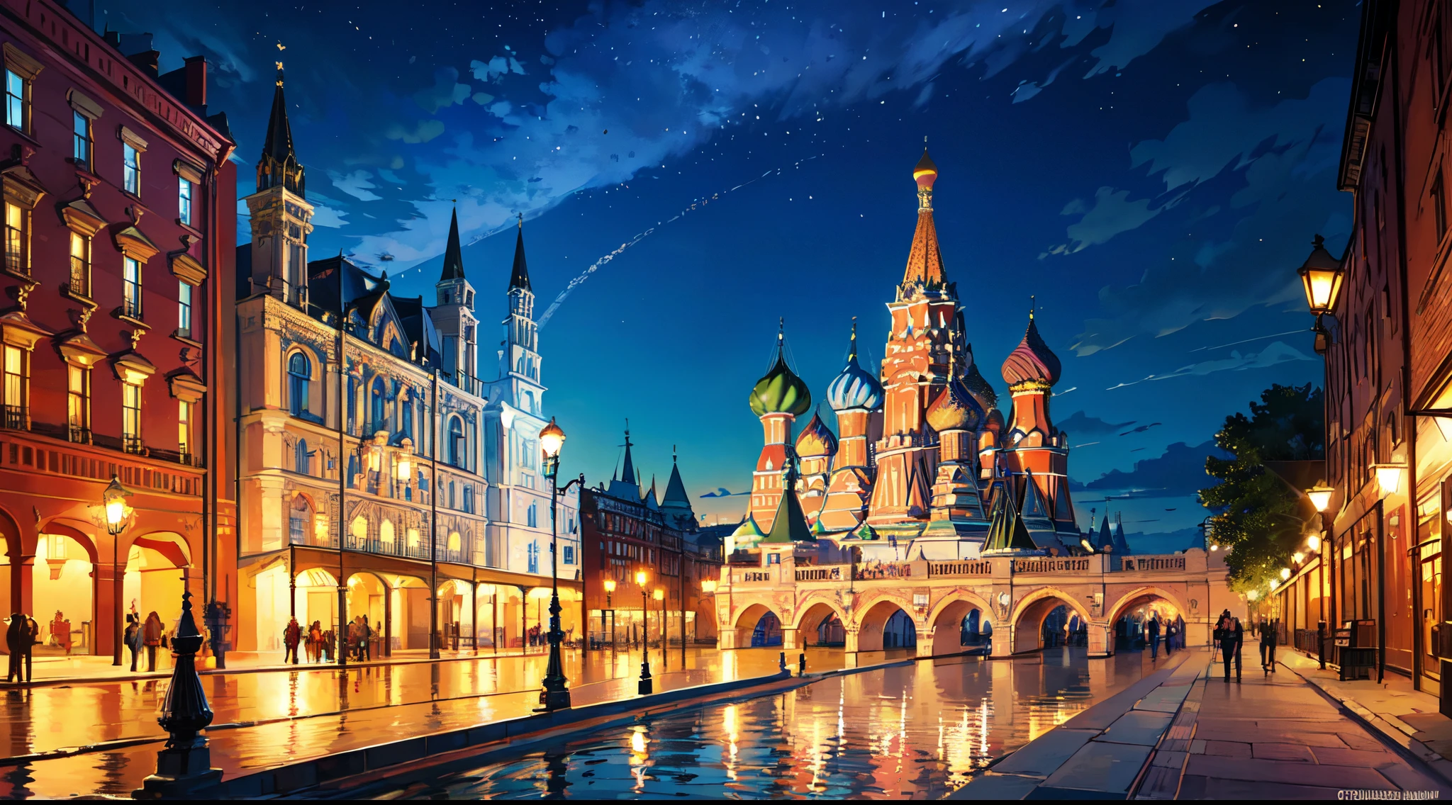 (bright, vibrant colors),(best quality,4k,8k,highres,masterpiece:1.2),ultra-detailed,(realistic,photorealistic,photo-realistic:1.37),architecture,beautiful detailed buildings,historical landmarks,Russian culture,traditional Russian clothing,St. Basil's Cathedral, lively atmosphere,people walking around,traditional Russian music,celebration,cityscape,clear blue sky,sunny day,imposing and grandiose structures,iron fences,red brick walls,stone pavement,winding alleys,tourists taking photos,local vendors selling souvenirs,bustling activity,blue and gold domes,ornate decorations and carvings,reflection in the water fountain,street performers,magnificent skyline,iconic clock tower,horse-drawn carriages,traditional Russian cuisine,artistic displays,beautiful gardens and flower beds,outdoor cafes,leisurely strolls,pigeons flying overhead,impressive fountains,sparkling water,night lights,illuminated facades,lit up windows,moonlit sky,romantic evening,peaceful and serene ambiance