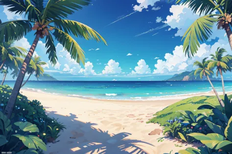 (illustrations : 1.0), Epic composition, photorealistic lighting, HD detail, ​masterpiece, Best quality at best, (Highly detailed CG integrated 8k wallpaper) , blue sky, blue ocean, The sea seen from the coastal forest, Palm trees