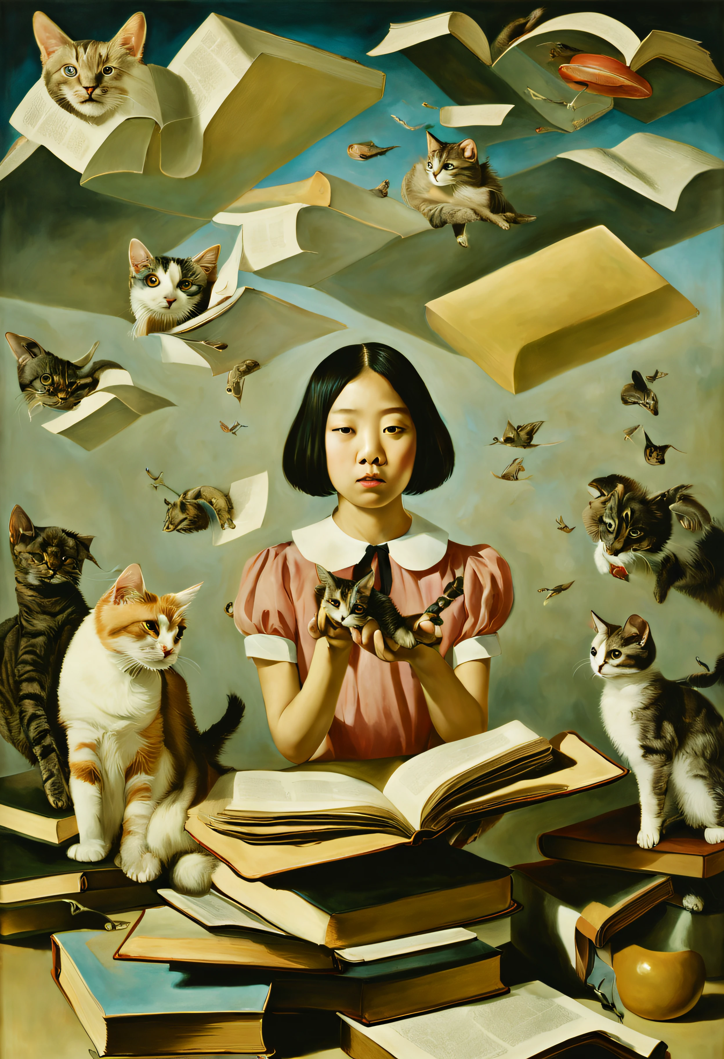 A girl who came out of a thick book、home＆Boken > academic supplies > Cleaning products > cat and dog floating in the air＞ sweeper:1.3、alice pudding、surreal photos、surrealist painting、art photography、promotional image、a hyperrealistic painting、Hyper-Realism、panfuturism、the most surreal painting、ultra-definition、Colorful、Masterpiece、