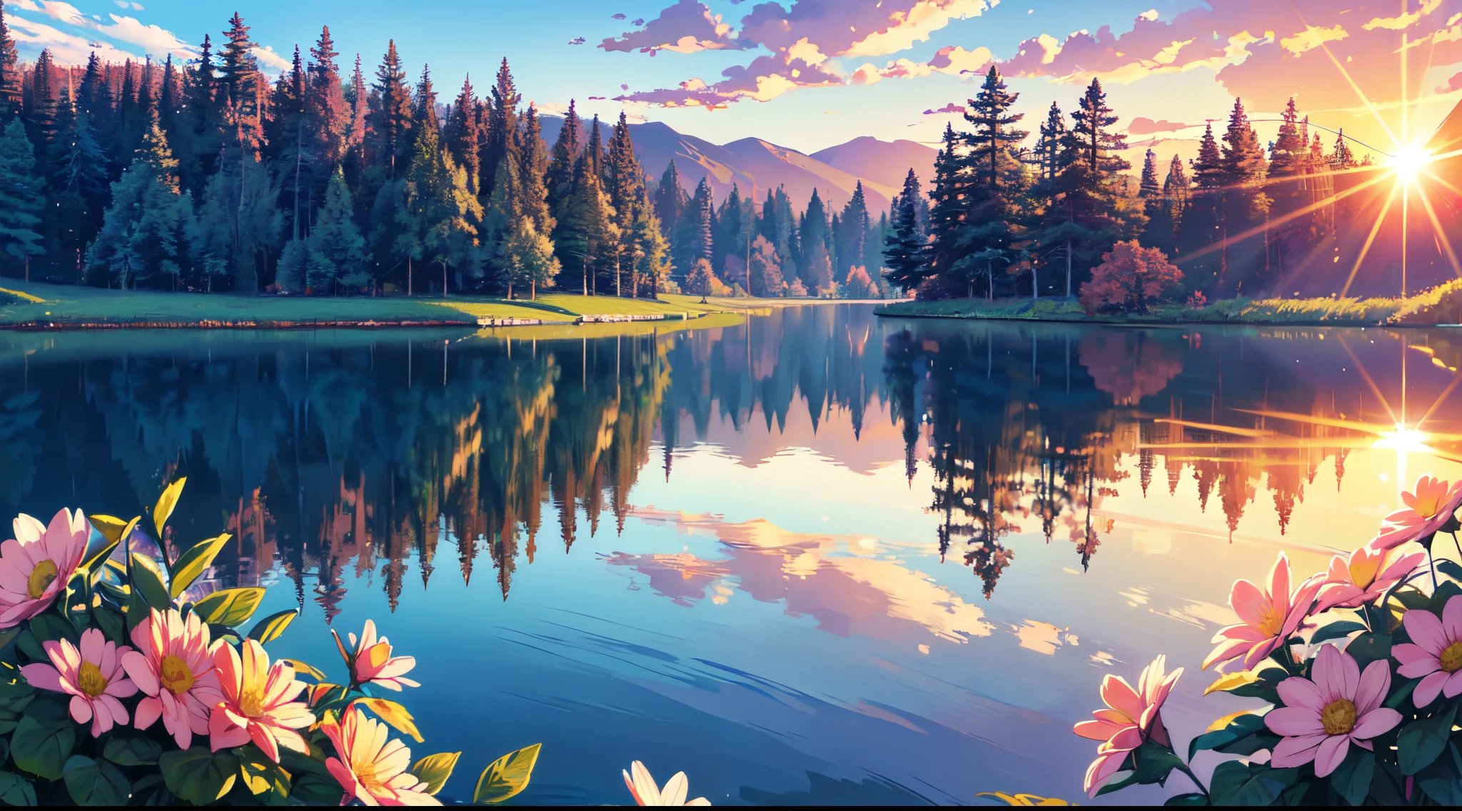 (best quality,4k,8k,highres,masterpiece:1.2),ultra-detailed,realistic:1.37, Small lake, Beautiful sunset, soft colors, glare of the sun, Flowers, Beautiful trees