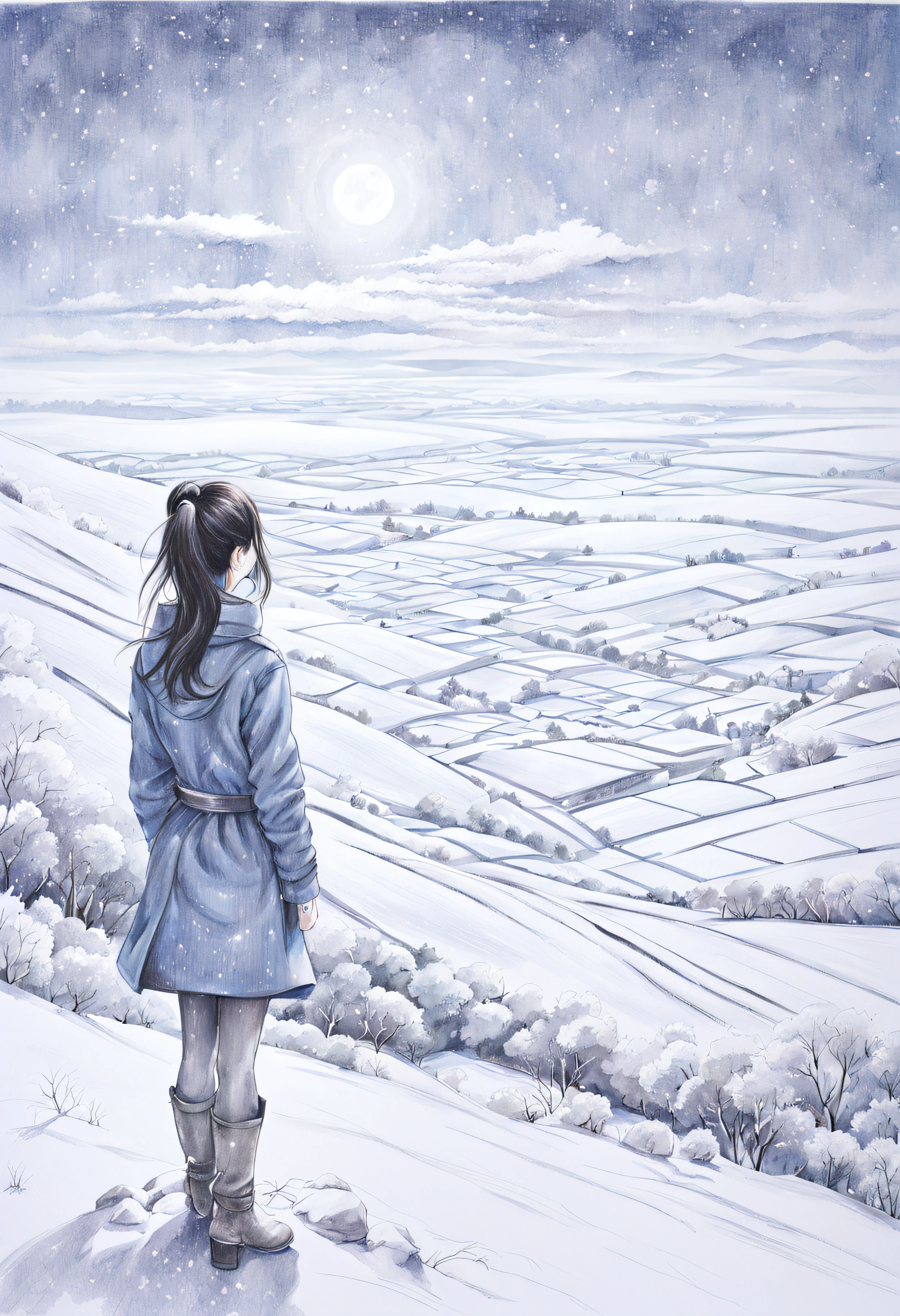 (PE pencil drawings:1.4), lonely snow and blue sky、Blue sky and beautiful snow field、A particle of light、Landscape photo of vast snowy landscape、（View from below with snowy fields above and below）、Girl looking up at blue sky、beautiful countenance、Draw a big picture of the sky、masutepiece、top-quality