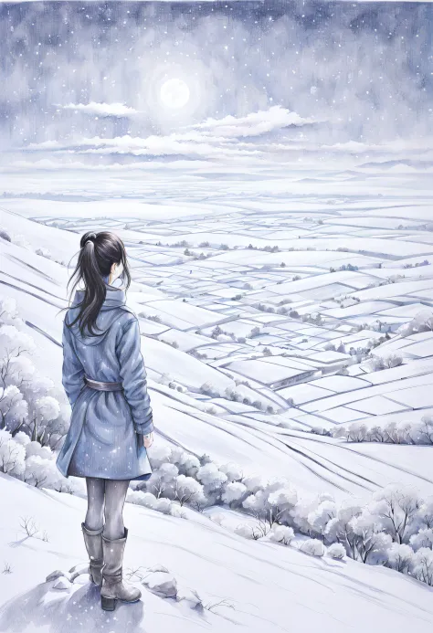 (PE pencil drawings:1.4), lonely snow and blue sky、Blue sky and beautiful snow field、A particle of light、Landscape photo of vast...