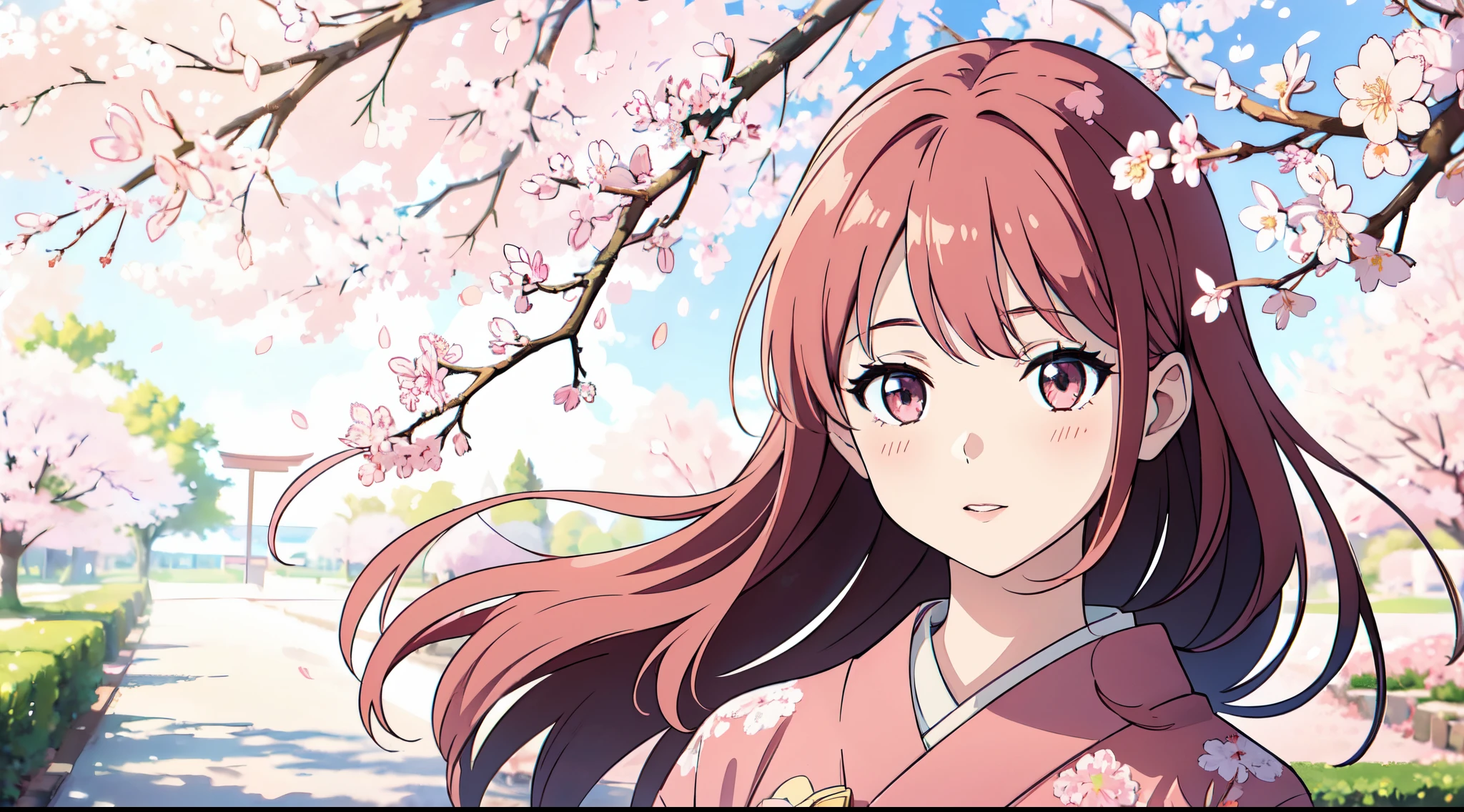 Une fille debout sous un arbre Sakura, entouré de couleurs douces, avec une représentation réaliste et ultra détaillée. L&#39;image a la meilleure qualité avec une résolution 4k ou 8k, créer un chef d&#39;oeuvre. La fille a de beaux yeux détaillés, lèvres, et un joli visage. Elle porte un kimono traditionnel et est d&#39;humeur paisible et joyeuse. La lumière du soleil brille doucement à travers les fleurs de cerisier, jetant une lueur chaleureuse sur la scène. Les arbres Sakura sont en pleine floraison, avec de délicats pétales roses éparpillés sur le sol. L&#39;atmosphère est apaisante et sereine, capturer la beauté d&#39;une journée ensoleillée sous les sakura.