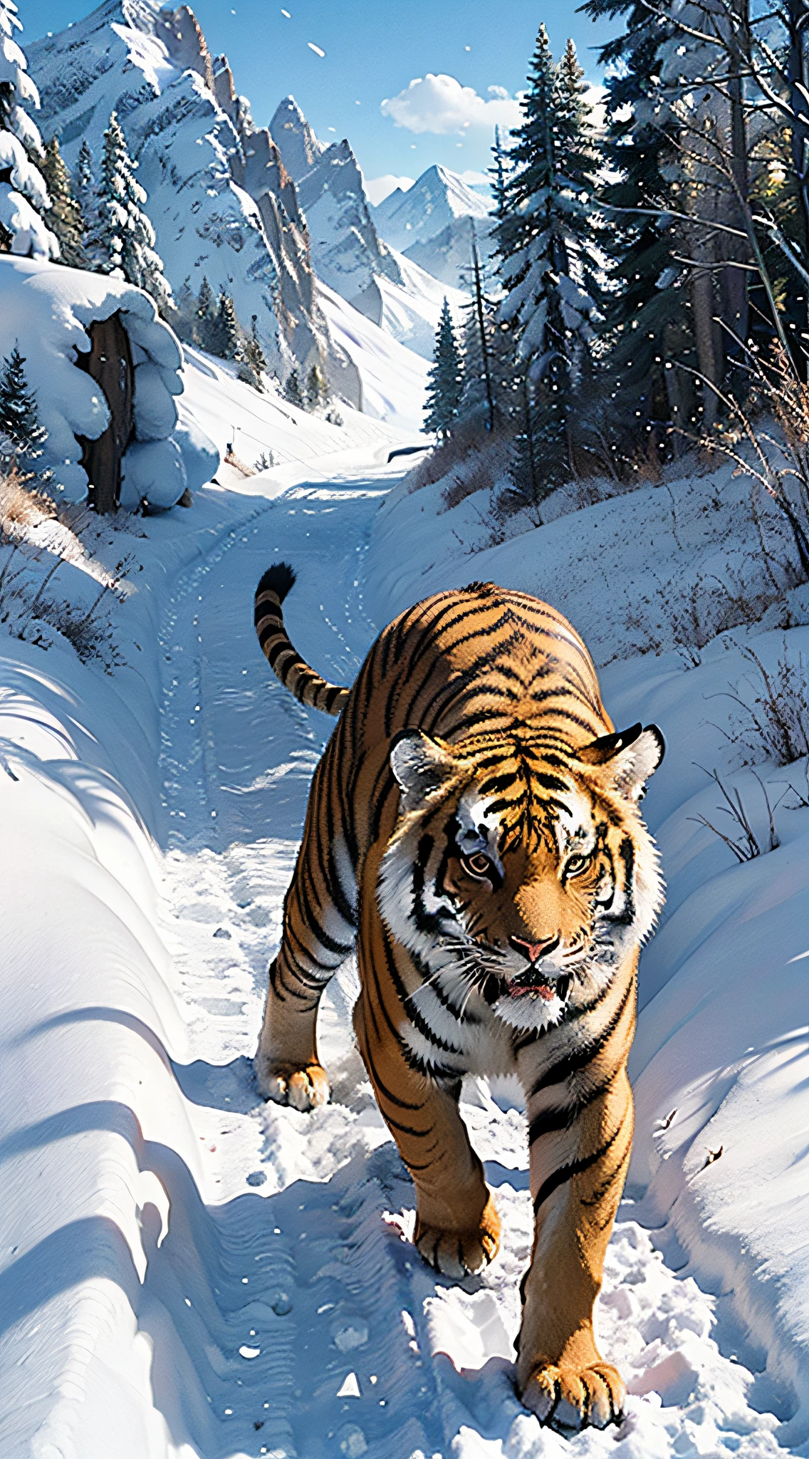 Illustration of a tiger running through snowy mountains, Fierce facial expression 4K, a tiger_beast, 4k highly detailed digital art, epic digital painting, very detailed digital painting, Flying Tigers of Fire, amazing wallpaper, 4k fantasy art, Wallpapers 4K, Wallpapers 4K, Epic Digital Art Illustration, Epic full-color illustration, Concept Art Wallpaper 4K