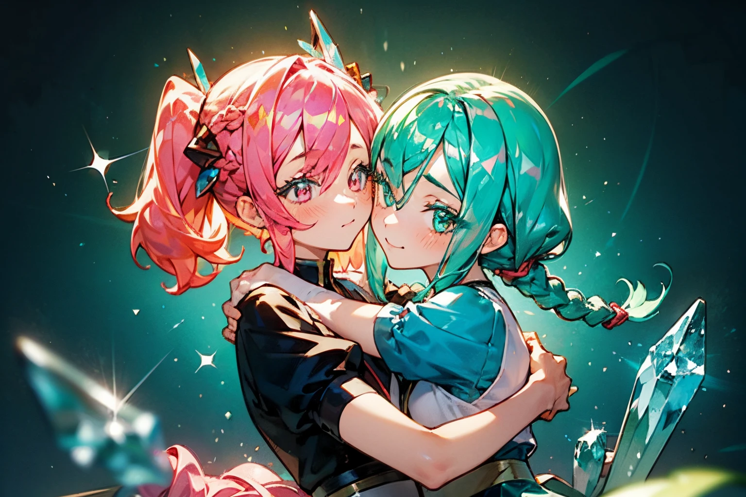 Close-up of two girlfriends with different precious hair, yuri, The first girl has blue hair in a ponytail and pink eyes, the second girl has green-turquoise hair collected in two braids turning into horns and bureaucratic eyes, (((Two girls hugging))), sisters ((in the style of Ichikawa Haruko)), Hauskie no to that, The Land of Gemstones, Original character, ((tmasterpiece)), (((beste-Qualit))), ((ultradetailed)), ((illustartion)), [The light effect of realism], eye shadow, (fantasy style), Simple background, illustartion, 2 girls, sly look, Majestic view (multi-colored hair, Hair gradient, Hair color from blue to peach, without bangs, (Side bangs), curly curl on the cheek, hairstyle: high ponytail, long tail), The eyes are crimson-red, Environment change scene, wide eyes, Lashes, side glance, Crystal hair, Glowing Hair, shirt with collar, galaxy, Additional lighting, uniform, tie, puffy short sleeves, Shorts, Smile, puffy short sleeves, Puffy armbands, Shirt, short sleeve, sparkle, Small flat chest, Girl with two long green pigtails and a happy face, wide eyes, turquoise hair, Turquoise textured hair, Double Long Bangs, Green eyes, (turquoise two pigtails), (braids), ((Two-braid hairstyle)), Two pigtails, turquoise horns