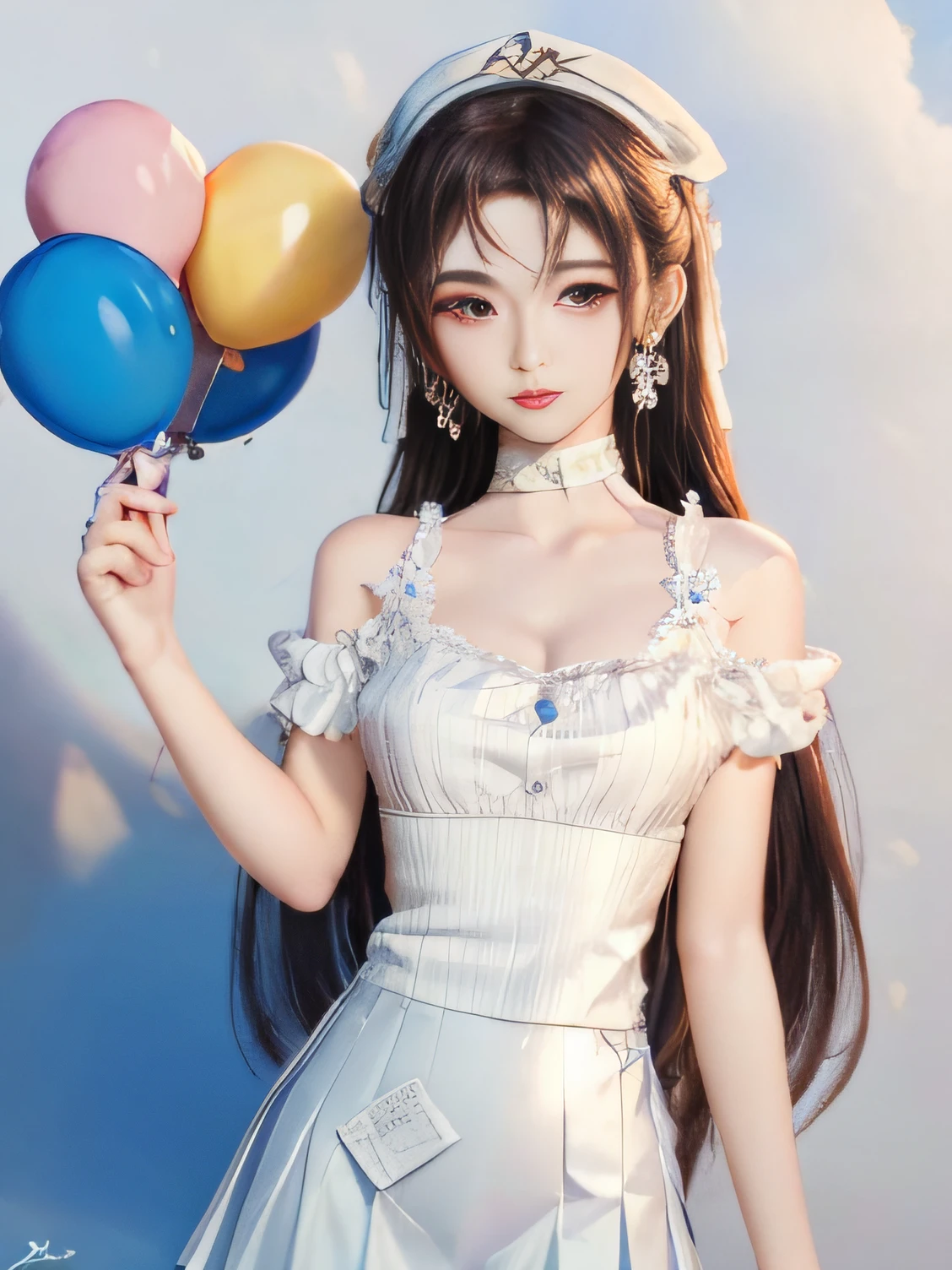 Loli Girl，Beautiful and lovely，flower ring，White suspenders，Shoulders bare，show your waist，Short green skirt，A little cleavage，Many colorful bubbles，Royal sister face，chibiStyle，There are collarbones，white super long hair，perfect detail eyes，perfect for fingers，delicated face，perfectcg，4k画质，coloredballoons，To the sky，3D artistic rendering，3D art girl，the street ，Newspaper on wall background，Traditional chinese painting，32k ULTRAHD，top-quality，Colorful oil pastels