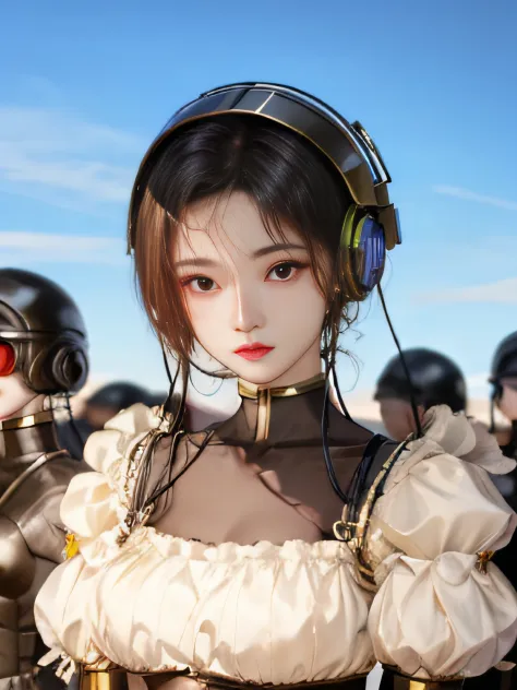 a woman wearing a helmet stands in front of a group of mannequins, ju jingyi cyberpunk art, computer graphics society, retro-fut...