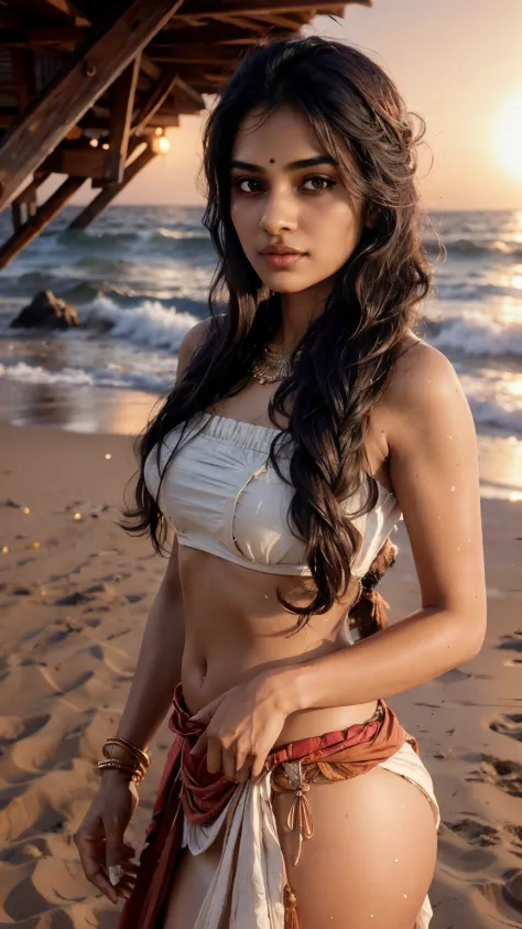 Indian Woman, portrait, 25 year old, sexy blouse and skirt, strapless, hollywood style, dusk and sunset, standing on ocean beach sand, royal, detailed body, detailed face, oily body, gorgeous, ultra realistic, charming, cute, long braided hair, ambient lig...