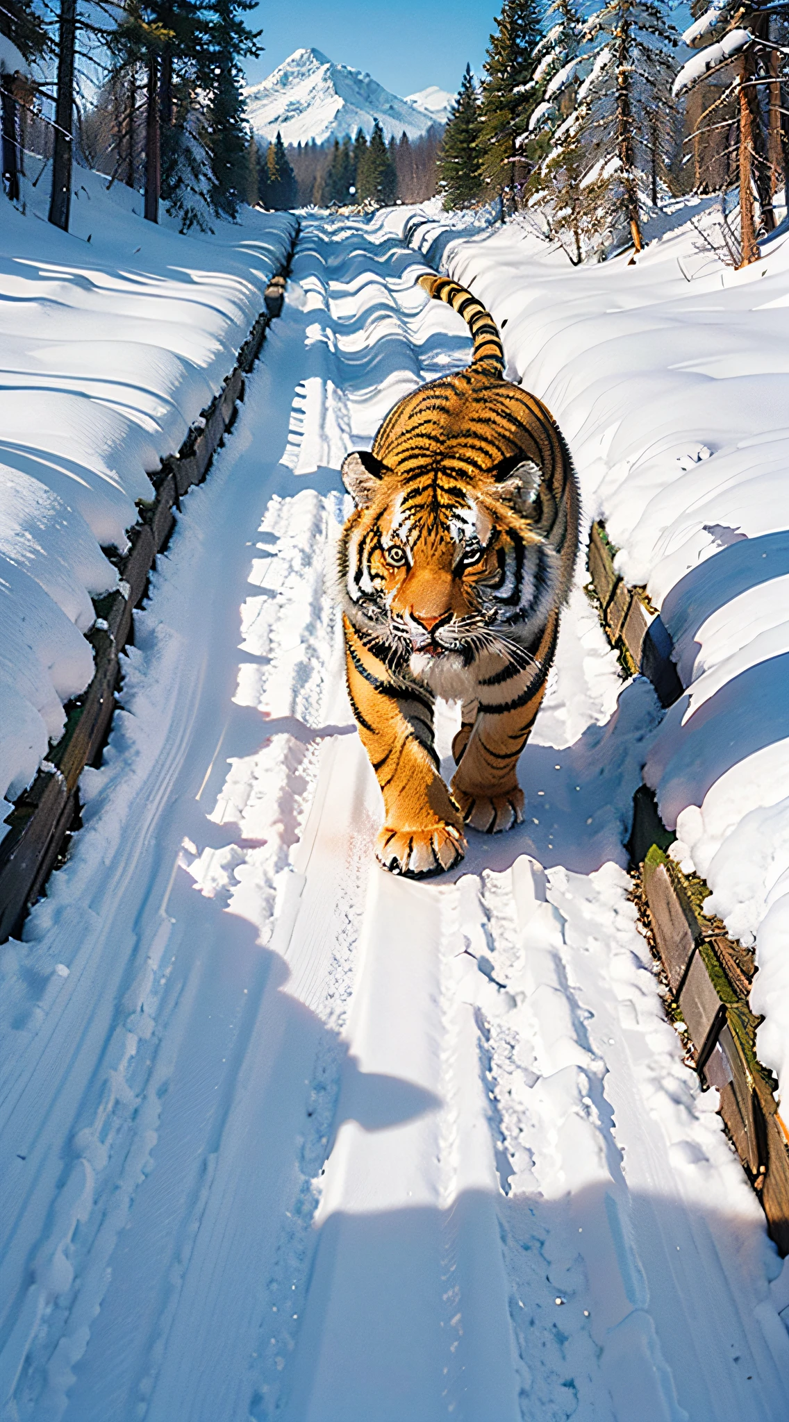 Illustration of a tiger running through snowy mountains, anatomically correct, Fierce facial expression 8K, a tiger_beast, 8K highly detailed digital art, epic digital painting, very detailed digital painting, Flying Tigers of Fire, amazing wallpaper, 8K fantasy art, Wallpaper 8K, Wallpaper 8K, Epic Digital Art Illustration, Epic full-color illustration, Concept Art Wallpaper 8K, UHD, ​masterpiece, ccurate, super detail, high detail, highs quality, Best quality at best, high resolucion, 8K