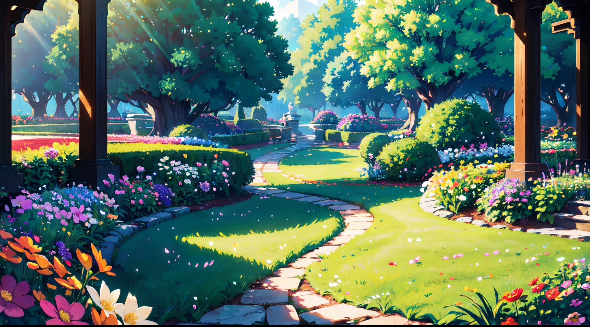 (매우 상세한 CG Unity 8k 벽지, 걸작, 최고의 품질, 매우 상세한), (더 나은 조명, 더 나은 그림자, 유난히 섬세하고 아름다운), 꽃밭, 무성한 녹지, 태양 빛, 흐르는, 피사계 심도, 따뜻하고 친근한 분위기.