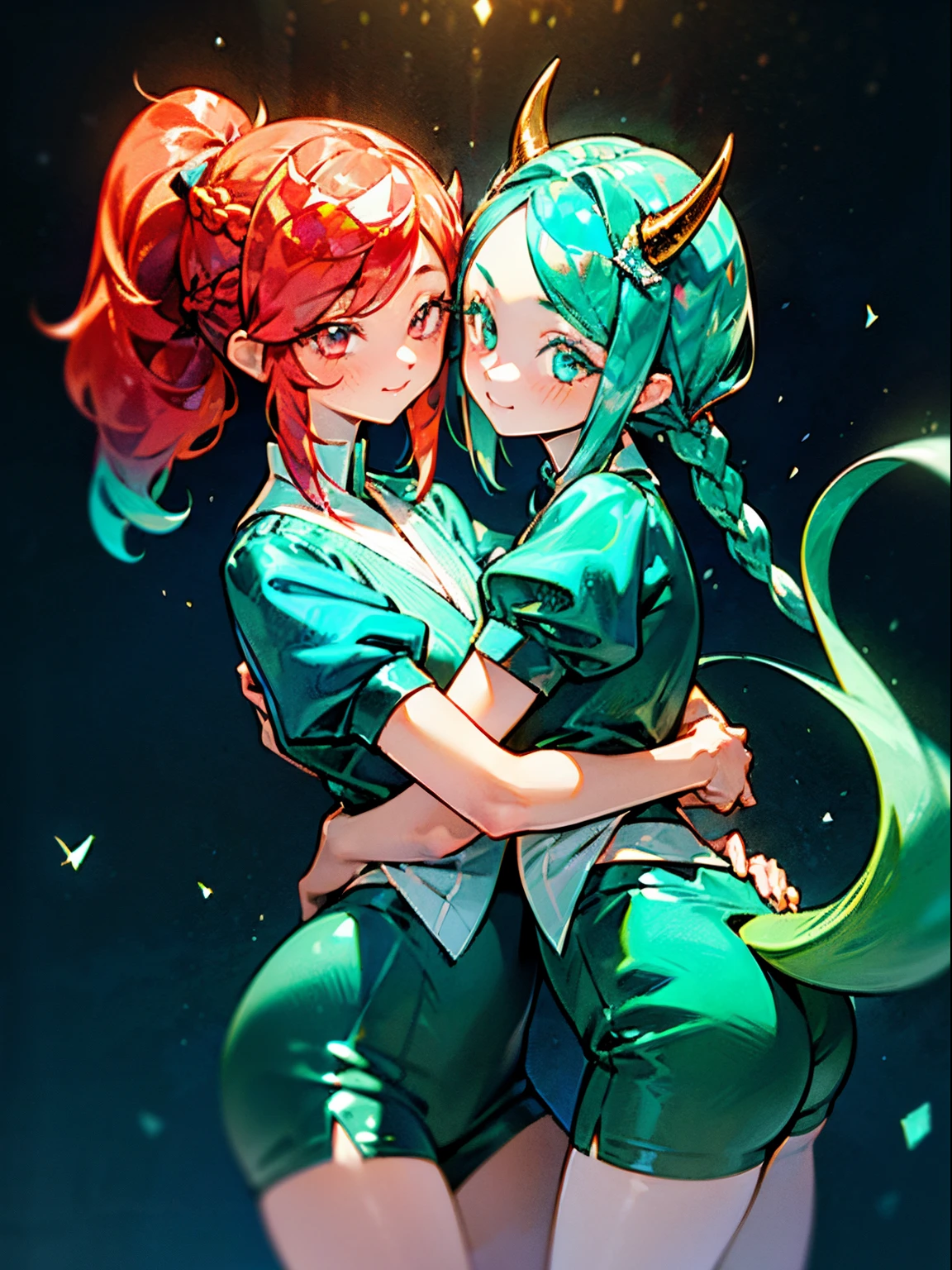 Close-up of two girlfriends with different precious hair, yuri, The first girl has blue hair, and pink eyes., the second girl has green-turquoise hair, collected in two braids, turning into horns, and bureaucratic eyes, (((Two girls hugging))), the same age, Young, ((in the style of Ichikawa Haruko)), Hauskie is not, The Land of Precious Stones, Original character, ((tmasterpiece)), (((beste-Qualit))), ((ultradetailed)), ((illustartion)), [The light effect of realism], eye shadow, (fantasy style), Simple background, illustartion, 2 girls, sly look, Majestic view (multi-colored hair, Hair gradient, Hair color from blue to peach, without bangs, (Side bangs), curly curl on the cheek, hairstyle: high ponytail, long tail), The eyes are crimson-red, Environment change scene, wide eyes, Lashes, side glance, Crystal hair, Glowing Hair, shirt with collar, galaxy, Additional lighting, uniform, tie, puffy short sleeves, Shorts, Smile, puffy short sleeves, Puffy armbands, Shirt, short sleeve, sparkle, Small flat chest, Girl with two long green pigtails and a happy face, wide eyes, turquoise hair, Turquoise textured hair, Double Long Bangs, Green eyes, (turquoise two pigtails), (braids), ((Two-braid hairstyle)), Two pigtails, turquoise horns