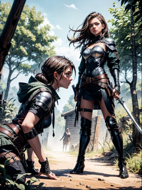 A young girl in leather armor armor with a sword (((is fighting))) ((two bandits in a clearing)) near a river, she is terrifief ...