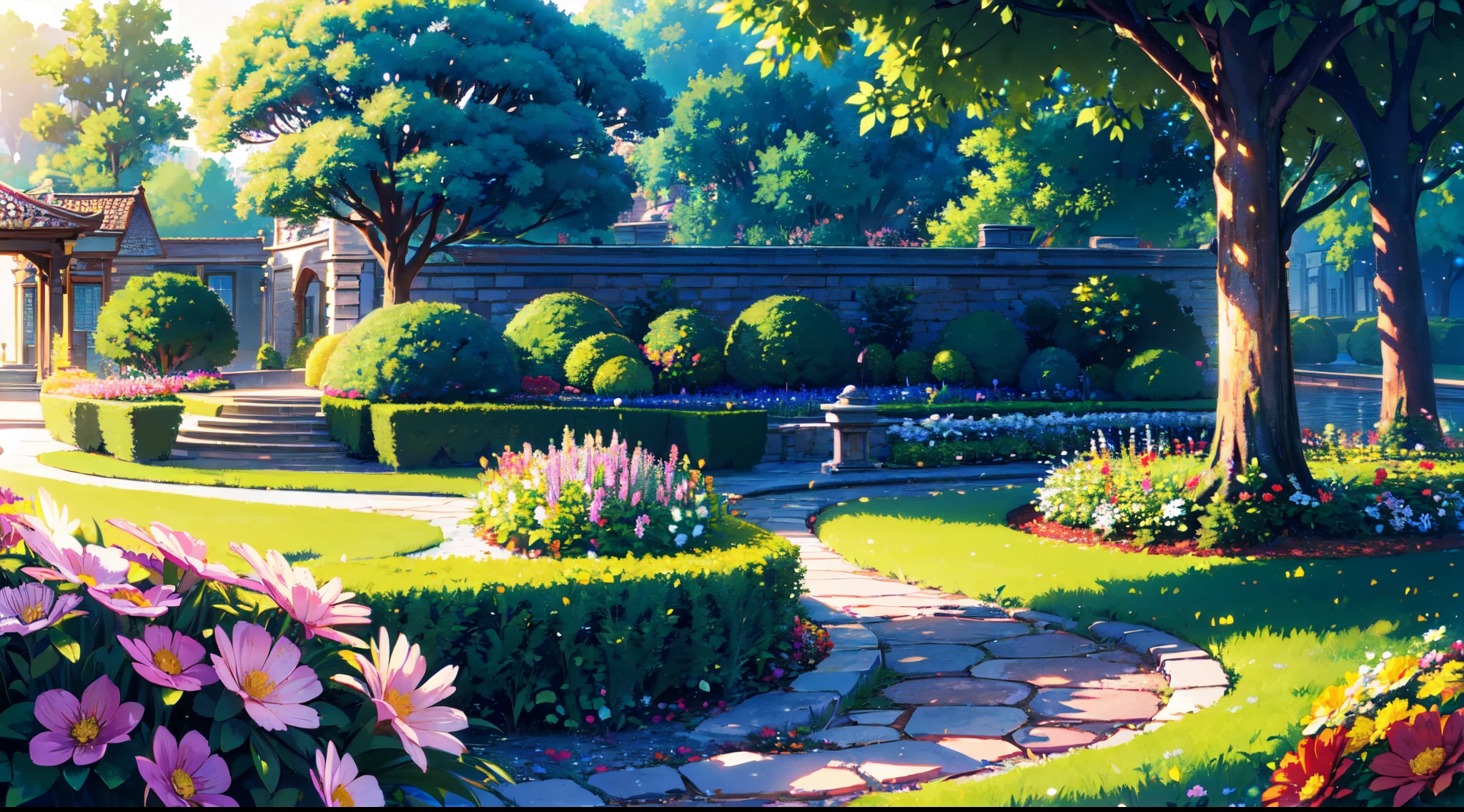 (extremely detailed CG unity 8k wallpaper, Masterpiece, Best Quality, Ultra-detailed), (better lighting, better shadow, extreamly delicate and beautiful), Flower Garden, Lush greenery, Sun light, flowing through, Depth of field, Warm and welcoming atmosphere.