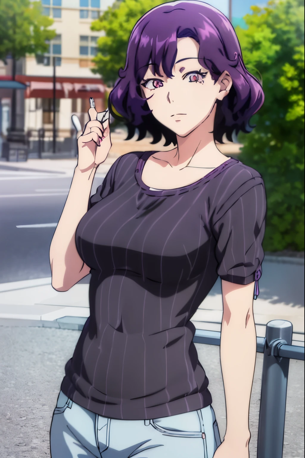 Anime girl with purple hair and glasses holding a cell phone - SeaArt AI