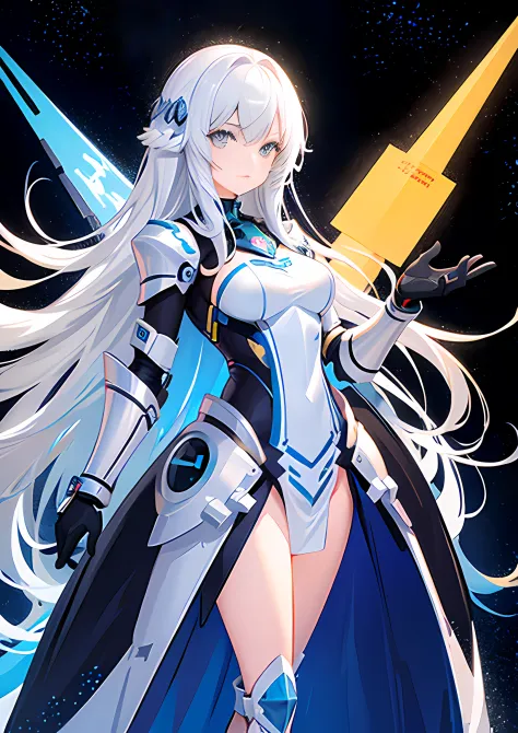 a beautiful girl standing straight, facing the front, with shiny long hair, a sexy yet modest figure, wearing a space travel arm...