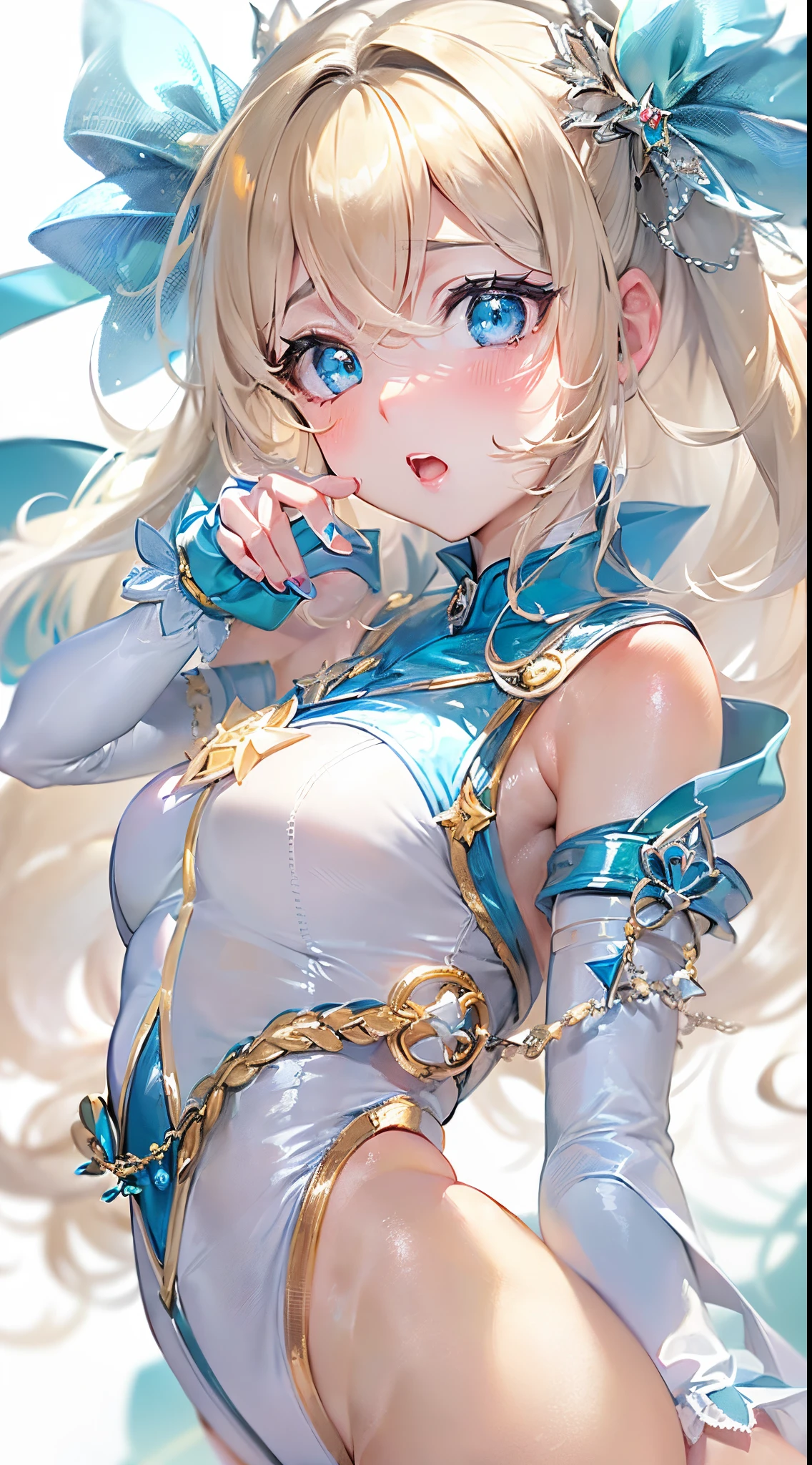 1womanl,Golden head hair,12year old ,((Impatient expression)),Beautiful breasts,(((Sexy magical girl white and blue high-leg bodysuit)))(())(((Blushing cheeks、Surprised look)),((())),((( portlate))),Blue eyes,(((Bangs are aligned)))()Street,Crowds(magical girl hair ornament)