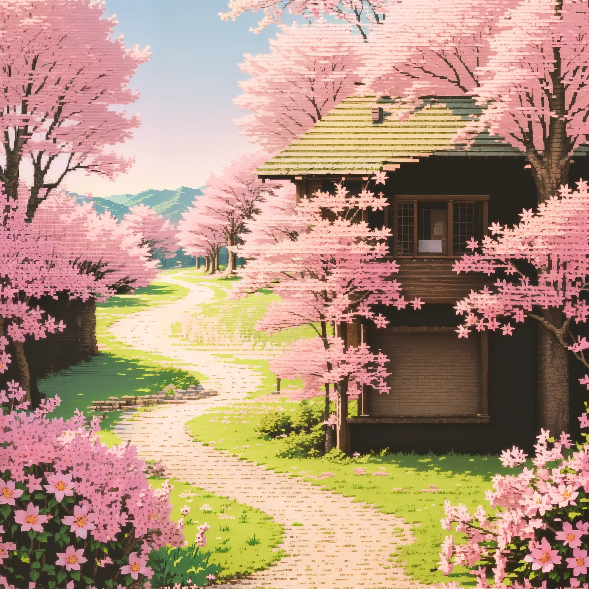 ((best quality)), ((masterpiece)), (detailed), ascii_art, outside landscape of spring season, pink theme, ultra detailed, highly detailed, 8k, hdr,