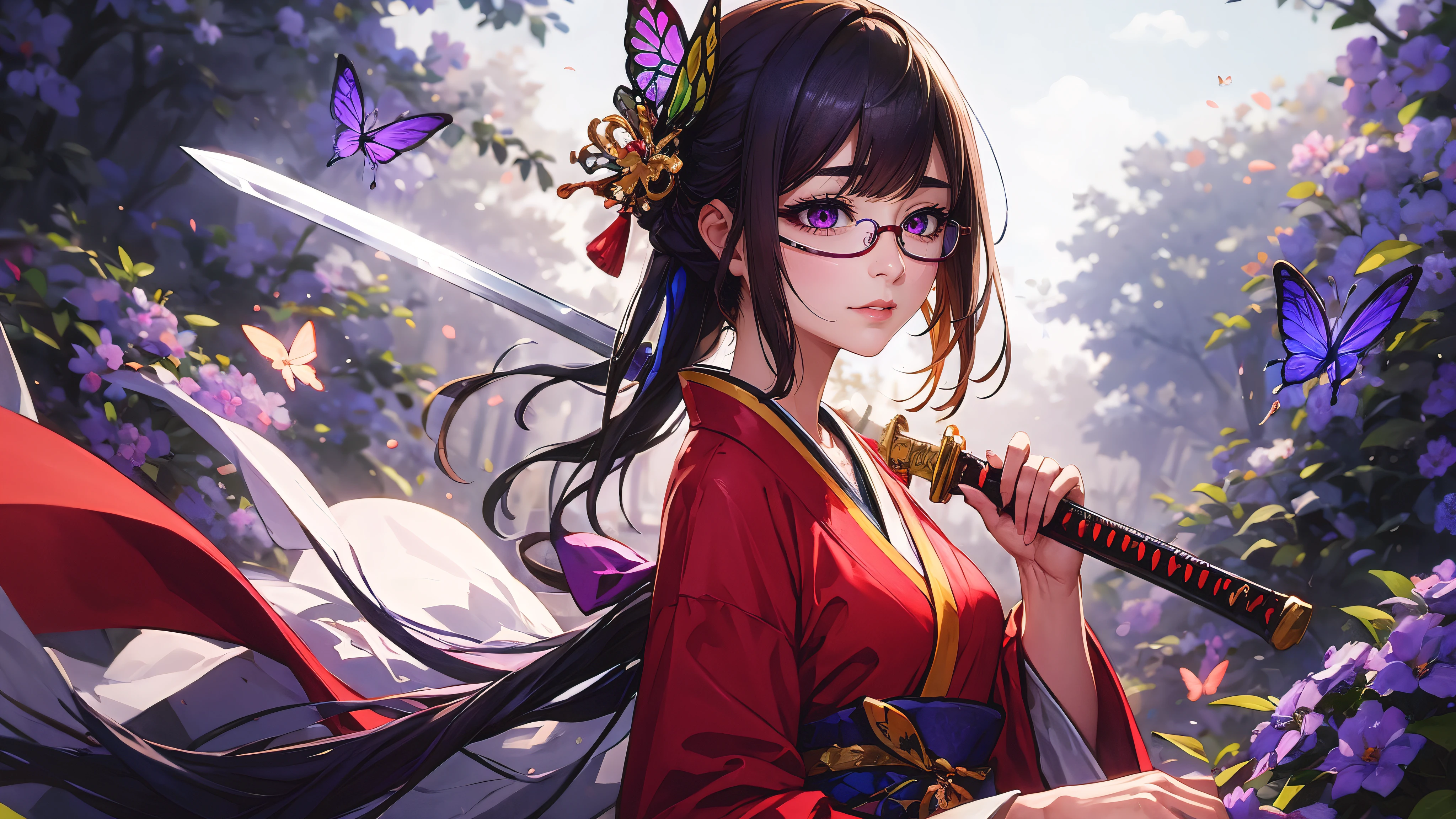 anatomically correct, best quality, masterpiece, high quality, high details, highres, HD, (shaded face:1.2), hollow eyes, purple eyes, looking at viewer, heavy breathing, expressionless, lips,, purple hair, long hair, glasses, insect, butterfly, bug, sword, blue_butterfly, weapon, 1girl, butterfly_hair_ornament, katana, hair_ornament, japanese_clothes, solo, black_hair, breasts, wide_sleeves, flower, lips, haori