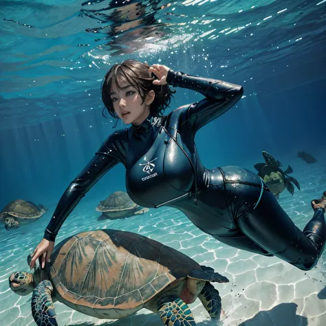 busty beauty (swimming behind (a huge turtle)), wearing (wet suits), in blue sea, full body shot, photorealistic, giga_busty