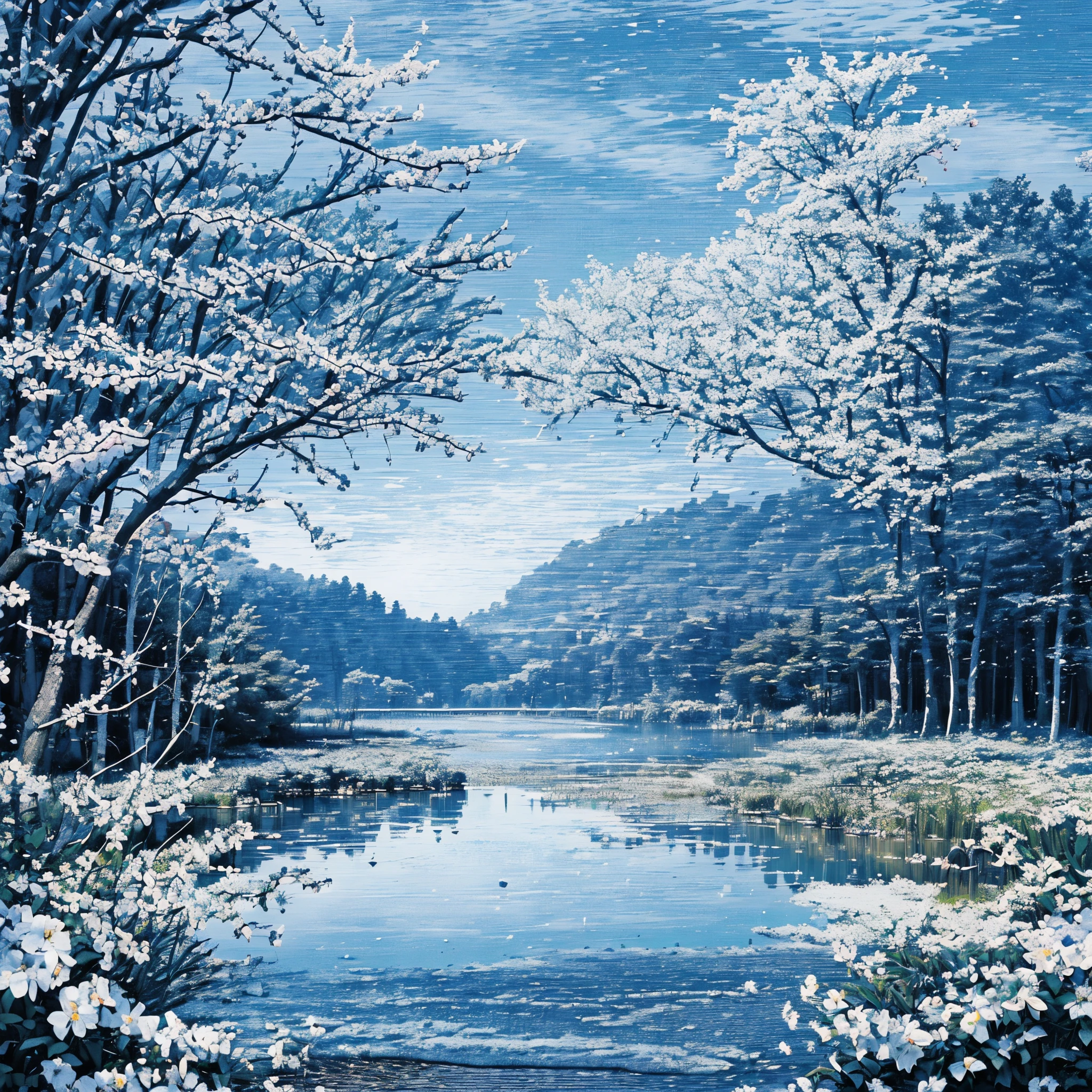 ((best quality)), ((masterpiece)), (detailed), ascii_art, outside landscape of spring season, blue moon theme, ultra detailed, highly detailed, 8k, hdr,