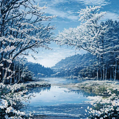 ((best quality)), ((masterpiece)), (detailed), ascii_art, outside landscape of spring season, blue moon theme, ultra detailed, h...