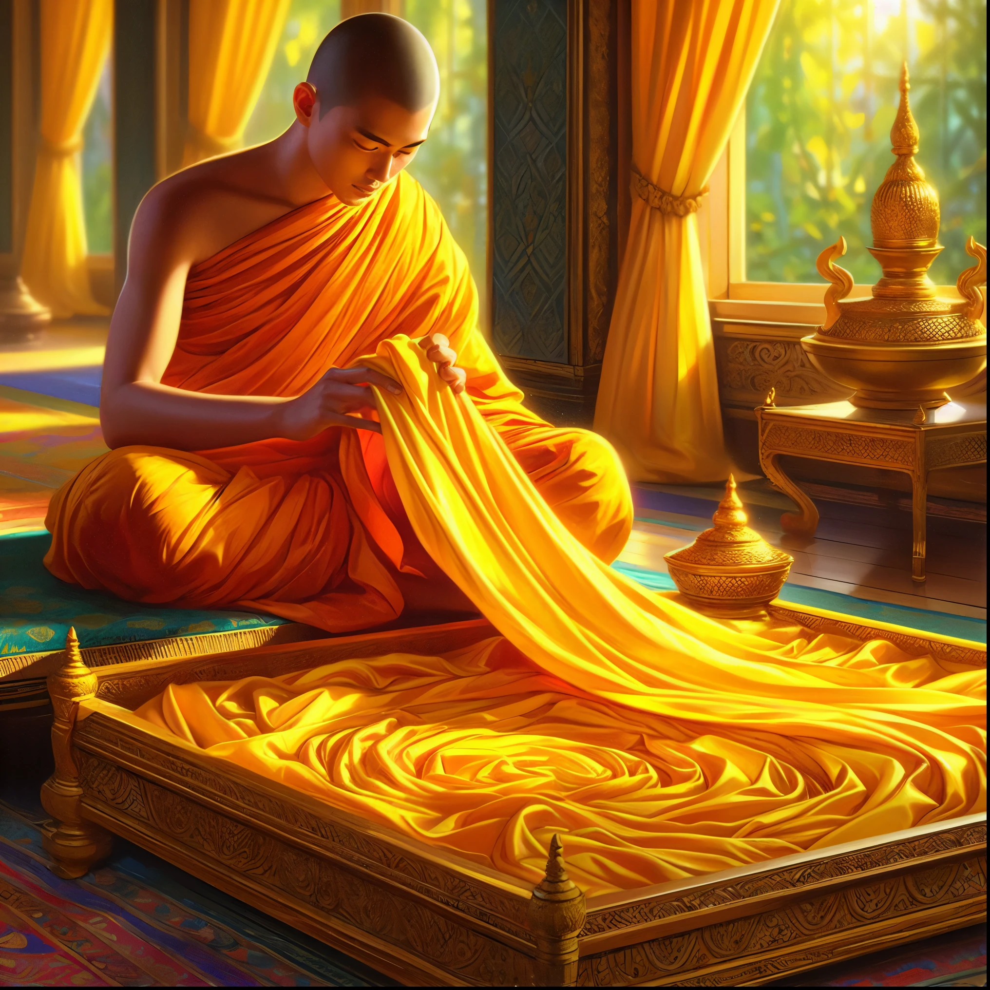 特写镜头：一个人坐在地板上，身旁铺着一块黄布, 僧袍, 僧衣, 现实的涟漪结构, 金色长袍, 僧人打坐, 佛教徒 monk, 佛教徒 monk meditating, 蒂蒂路德通, 金布, 黄色长袍s, 泰国艺术, 黄色长袍, 佛教徒, 轮回, 用黄色的布, 佛教徒 art, 精美描绘