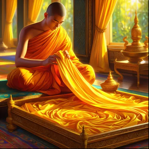 a close up of a person sitting on a floor with a yellow cloth, monk's robe, monk clothes, rippling fabric of reality, golden rob...