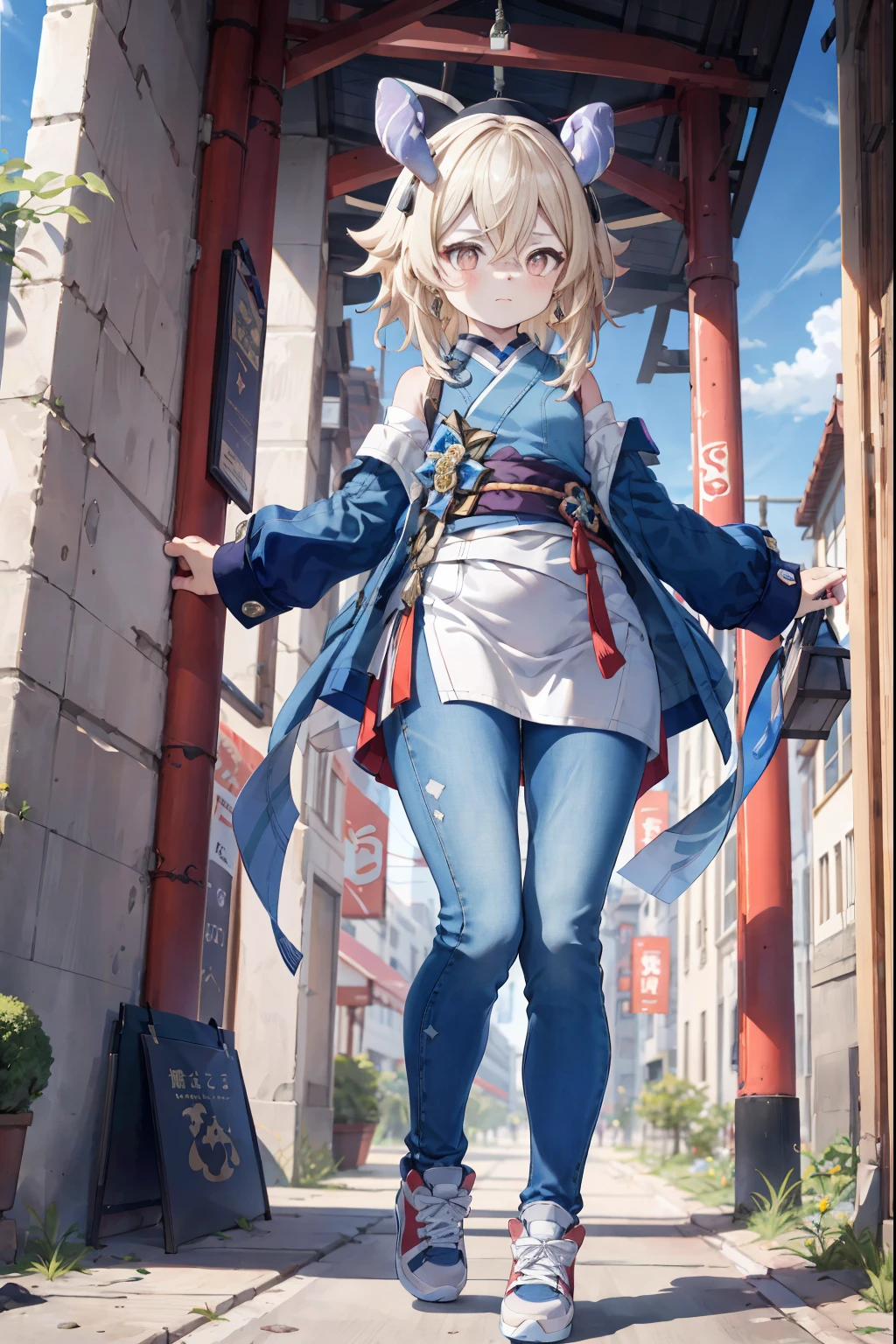 Melousine (genshin impact), masterpiece, bestquality,3 girl,young girl, pomelo buds, Ash Blonde, long-haired,unstable _Front,oily shiny skin,flat chest,nice leg line:1.3,thick thighs, thin-waist,, red_streaks_light_wrap_dress, white_platform_sneakers, woven_El_bag, straw_headgear, gold_hoop_earrings, Jacket, Long jeans city scenery,looking at the audience,From Top:1.2,dynamic angle