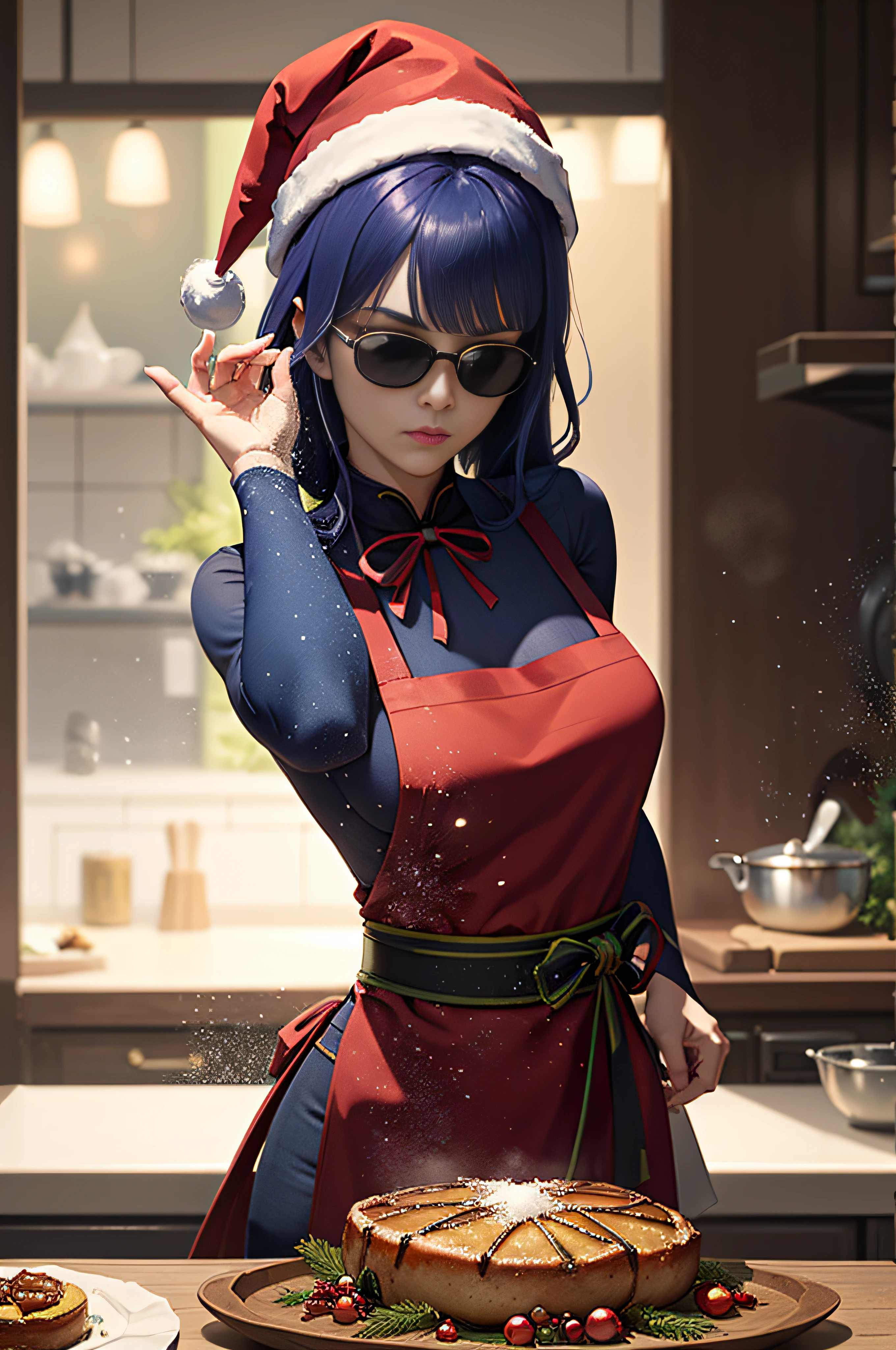 Highly detailed, High Quality, Masterpiece, beautiful, 1girl, solo, SaltBaeMeme, salt, sunglasses, Raiden_Shogun_\(genshin impact\), Raiden_Shogun:1.2, blue hair, long hair, (kitchen with christmas decor), food, terrible food, (red christmas hat), medium breasts, kitchen apron,