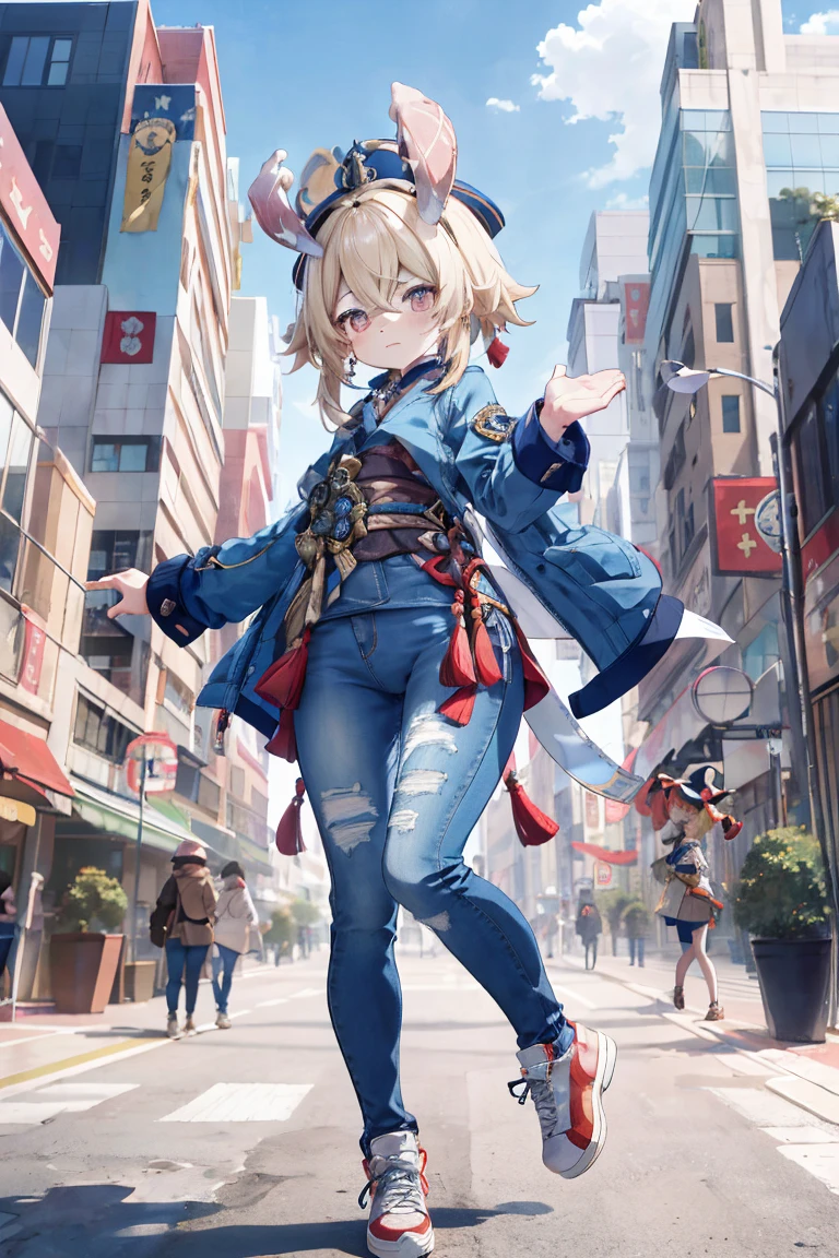 Melousine (genshin impact), masterpiece, bestquality,3 girl,young girl, pomelo buds, Ash Blonde, long-haired,unstable _Front,oily shiny skin,flat chest,nice leg line:1.3,thick thighs, thin-waist,, red_streaks_light_wrap_dress, white_platform_sneakers, woven_El_bag, straw_headgear, gold_hoop_earrings, jacket, long jeans city scenery,looking at the audience,From Top:1.2,dynamic angle