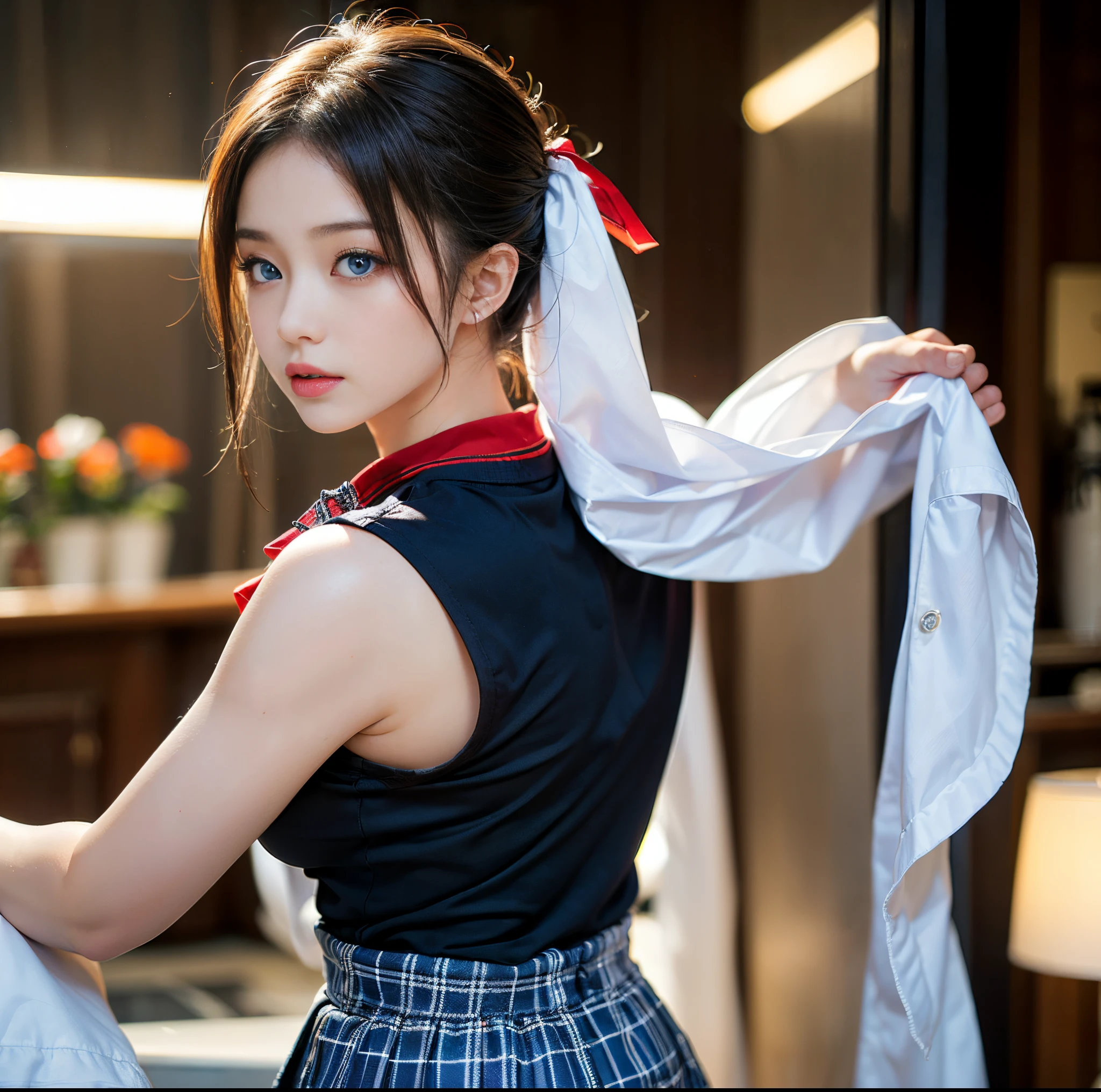 top-quality, 8K picture quality, ​masterpiece, Professional lighting without shadows, Two women, (with perfect body、Colossal breasts with tension:1.2), Bright whitening skin, (Bright and beautiful blue eyes with plump red tear bags reflect a lot of light.:1.2)、 A deep red ribbon tie is wrapped around the collar.、 She is wearing a tight polo shirt made of ultra-thin stretchy plain white fabric。, No skin is exposed on the upper body, Super short mini pleated tartan check skirt, (their skirts are incredibly short:1.3), (Proudly showing off her big breasts from the front:1.3), (Another girl on the other side shows off her big butt from behind:1.2),