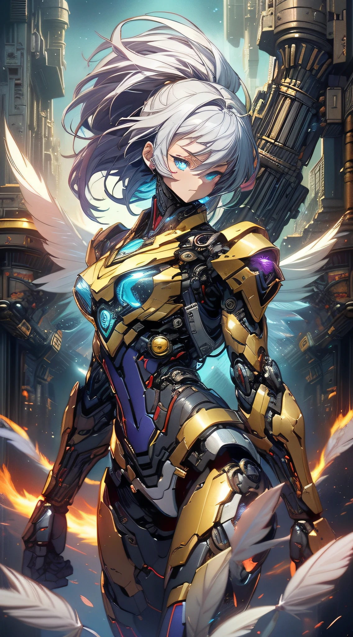 top-quality、Top image quality、​masterpiece、girl with((red and blue mechanical body armor、red mechanic arm、purple leg arms、Shining gold body line、sixteen years old、teen ager、cute little、Best Bust、big bast,Beautiful light blue eyes、Breasts wide open, Purple hair、silver flight unit,Semi-long、A slender,Large valleys、belligerent movements,glowing whip、)),hiquality、Beautiful Art、Background with((Midnight City、Pillar of fire、fluttering white feathers)))、Depth((Black Giant Robot)),masutepiece、depth of fields,Cinematic style