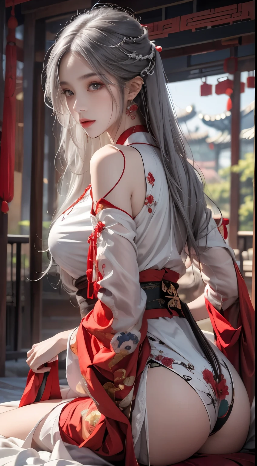 realistically, A high resolution, One woman, butt lift, pretty eyes, Long gray hair, eye socket, jewely, tattoo is, Hanfu, Chinese beautiful woman, Red embroidered Chinese clothing