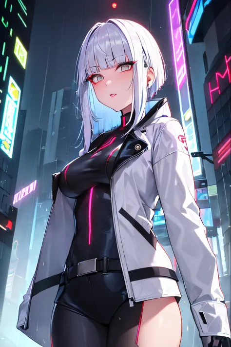 Lucy \(Cyberpunk\), 1Girl, in full height, Hair cutting, hime cut, silver haired, Colored tips, full moon, gray eyes, jacket, lo...