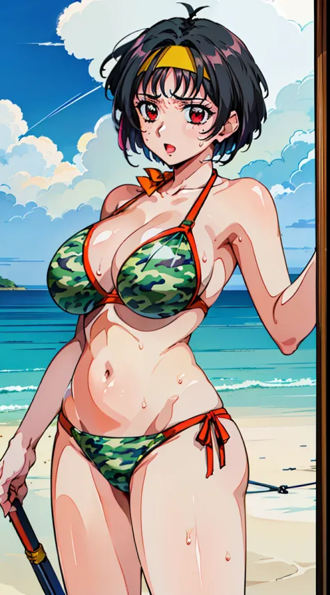 ((ryoko, red eyes, short hair, black hair, breasts, hairband)), Anime cel drawing style, Best Quality, High resolution,Sexy,Erotic,(Bikini with camouflage pattern:1.3), Huge breasts, ,(the beach:1.3), Cowboy Shot, blush, lightsmile, :o,(Mass sweat:1.4),(dy...