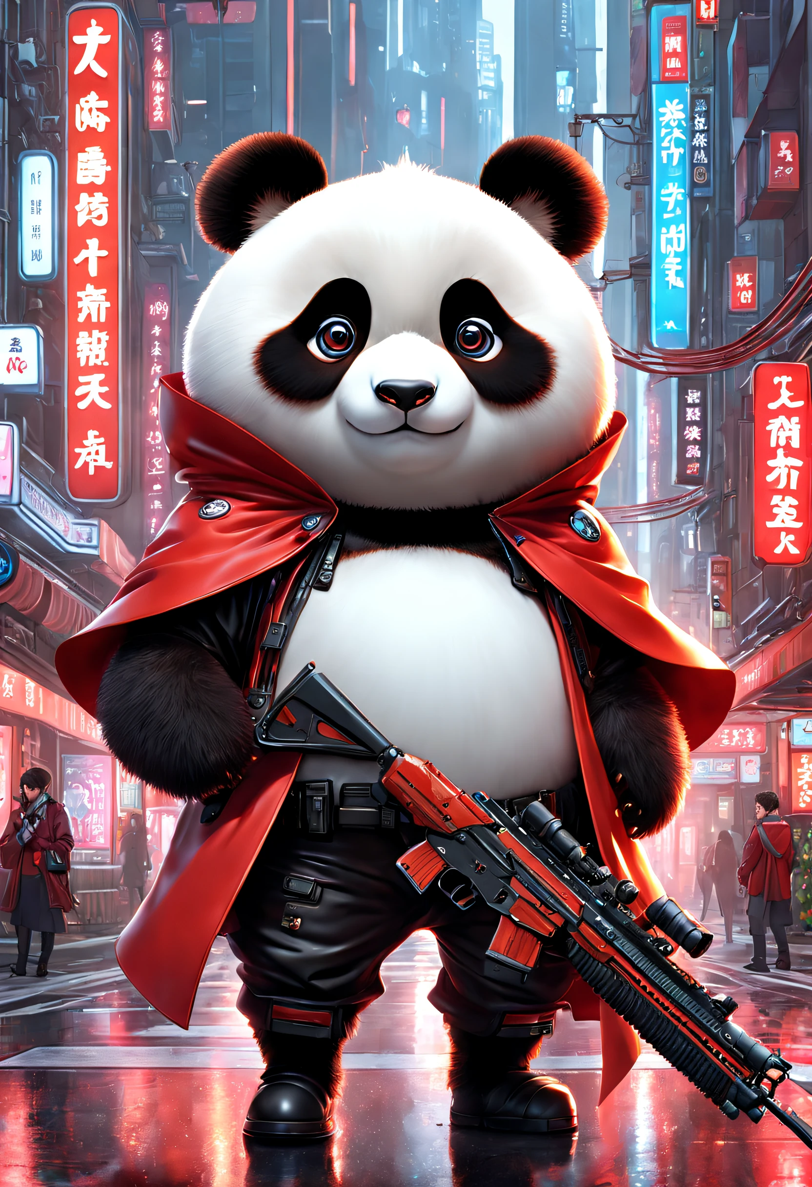 A man wearing a rifle、Panda wearing red cloak, Cyberpunk dystopian style, Charming characters, Huang Shilin, Full of energy and action, Randomly dispersed, white and orange, Flick, Surrealistic atmosphere style, Michael Cormack, Urban intervention, Code-based authoring, intense close-ups, real time transmission, Featured animals, Charming characters, kawaii chic style, 32k ULTRAHD, air brush art, Detailed miniature model, Dark, miki asai&#39;styled, 32k ULTRAHD, Dark beige and red, Kawaii art style, Photorealistic rendering, 32k ULTRAHD, Detailed pubic hair, Charming illustration, Player core，(Best quality,4K,8K,A high resolution,tmasterpiece:1.2),ultra - detailed,(actual,realistically,realistically:1.37),