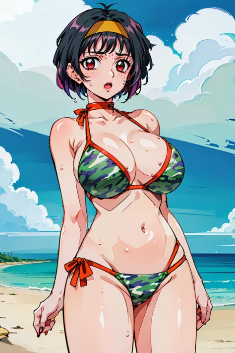 ((Lyoko, Red Eyes, Short hair, Black hair, breasts, shairband)), Anime cel drawing style, Best Quality, High resolution,Sexy,Erotic,(Bikini with camouflage pattern:1.3), Huge breasts, ,(the beach:1.3), Cowboy Shot, blush, lightsmile, :o,(Mass sweat:1.4),(d...