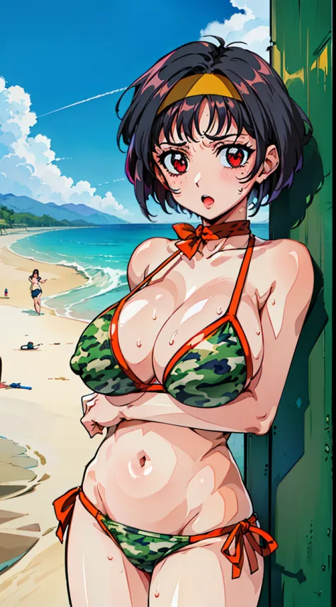closeup cleavage,shof off nipples,((Lyoko, Red Eyes, Short hair, Black hair, breasts, shairband)), Anime cel drawing style, Best Quality, High resolution,Sexy,Erotic,(Bikini with camouflage pattern:1.3), Huge breasts, ,(the beach:1.3), Cowboy Shot, blush, ...